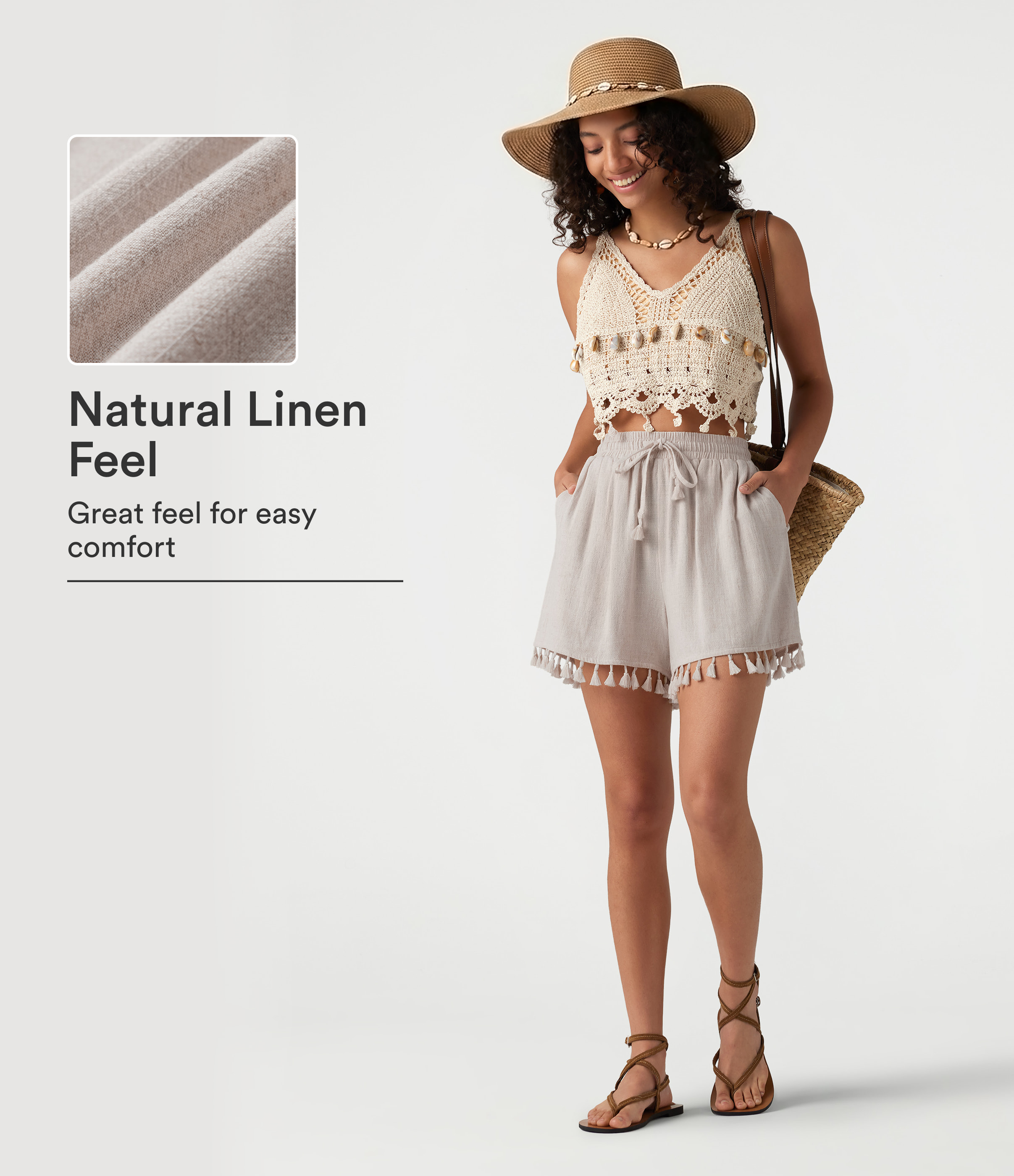 High Waisted Drawstring Fringe hem Resort Linen-Blend Baggy Shorts with Pockets