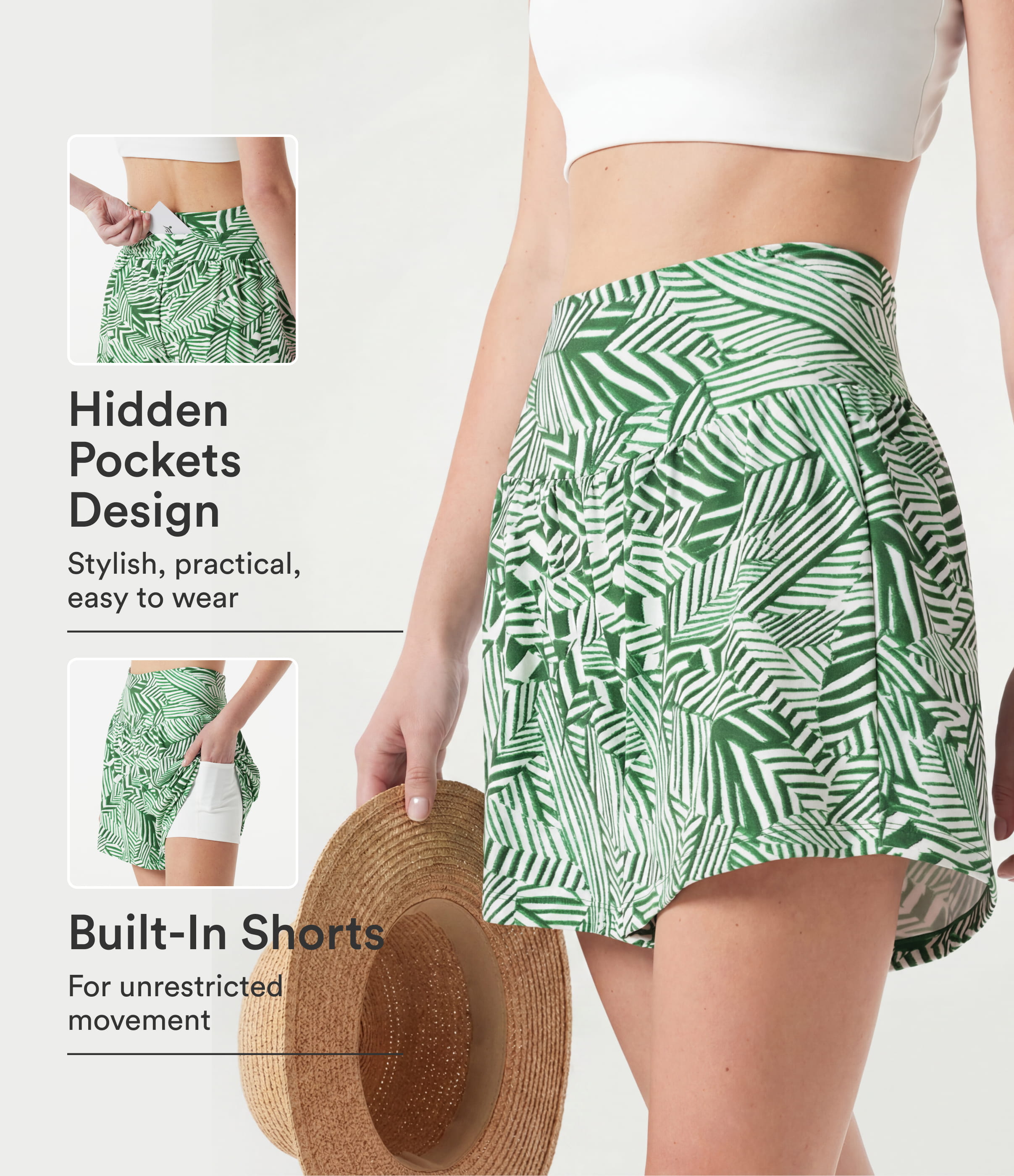 High Waisted 2-in-1 Tropical Plant Print Shorts 5'' with Pockets