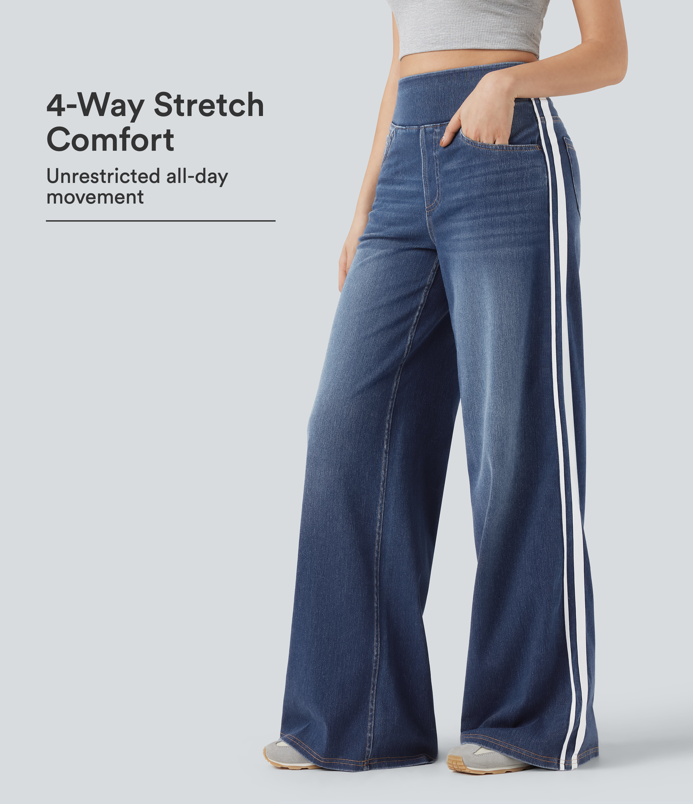 Halara Flex™ High Waisted Stripe Wide Leg Flowy Washed Casual Jeans with Pockets