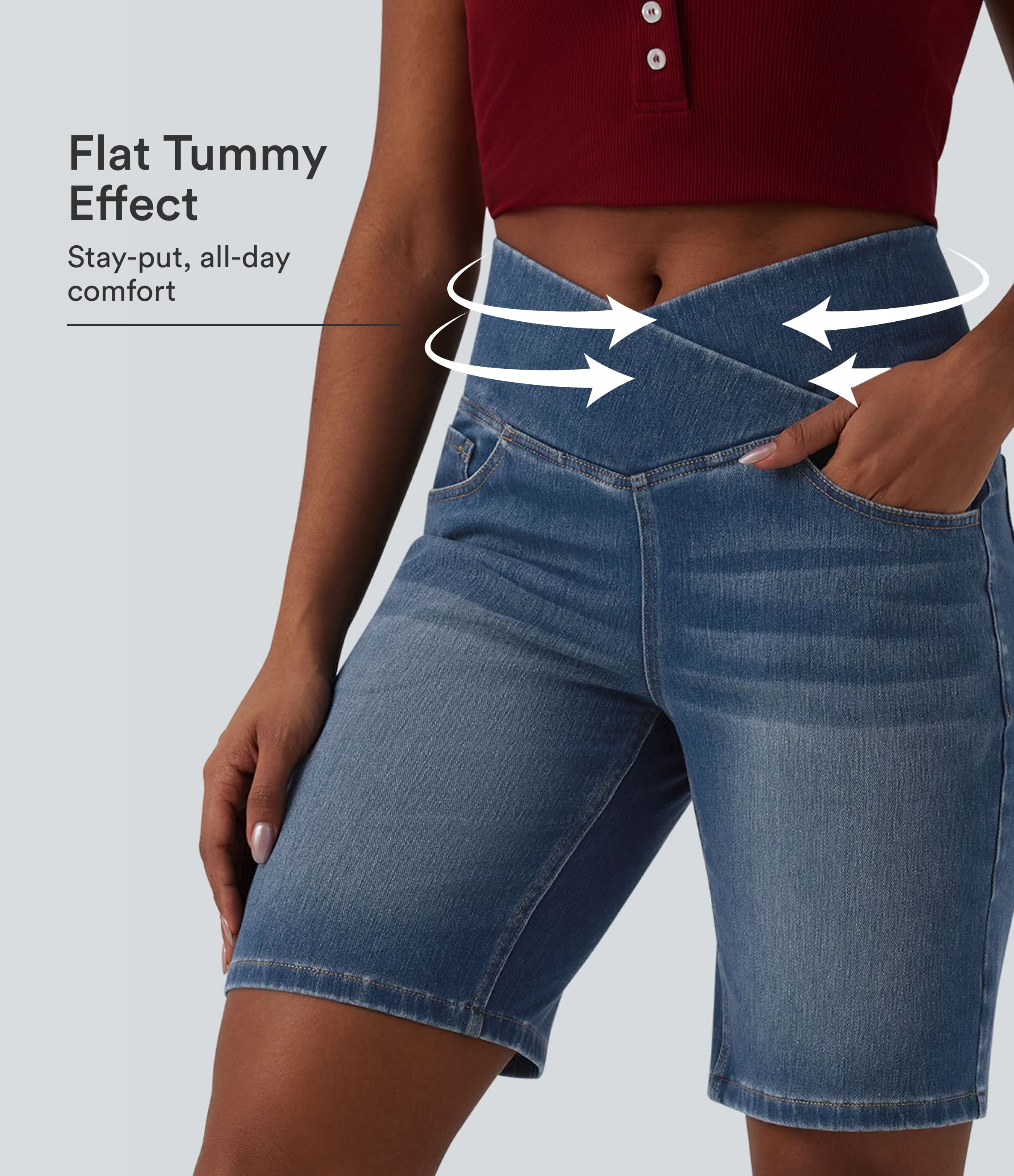 Halara Flex™ High Waisted Crossover Tummy Control Denim Casual Shorts with Pockets