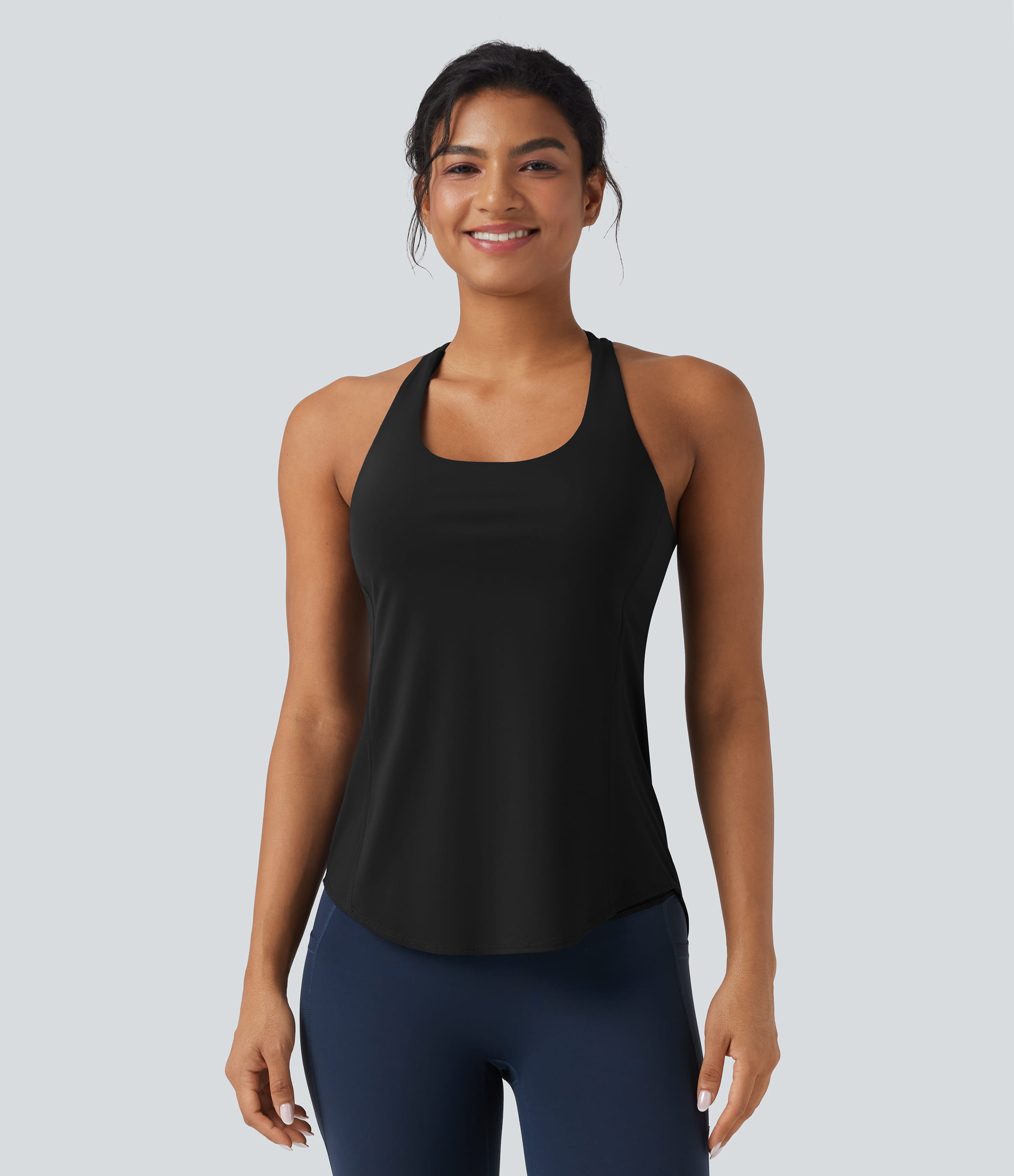 Black Halara UltraSculpt™ Round Neck Crisscross Back Running Tank Tops DD-F Cups / 2