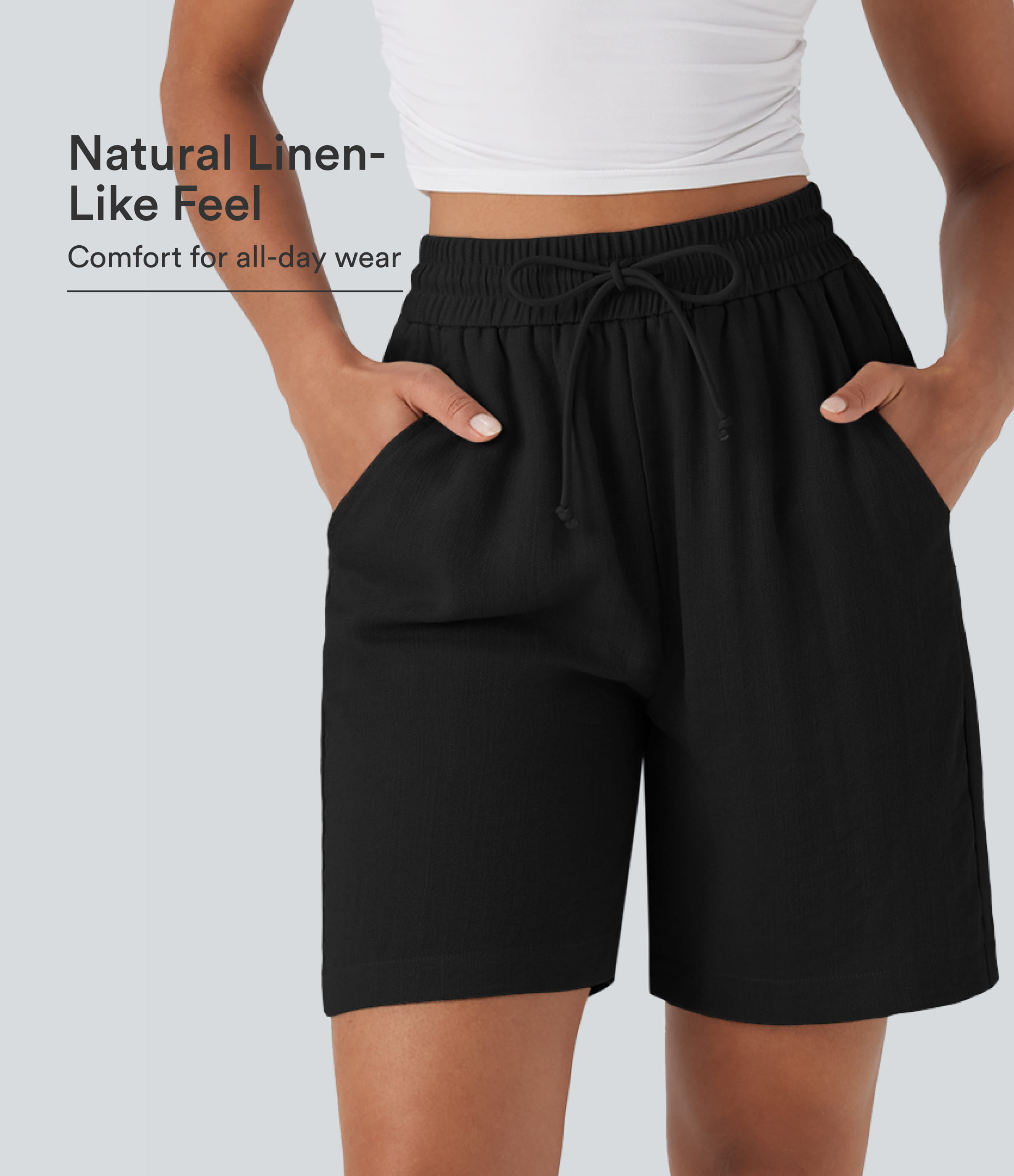 High Waisted Drawstring Women Casual Linen-Feel Shorts with Pockets