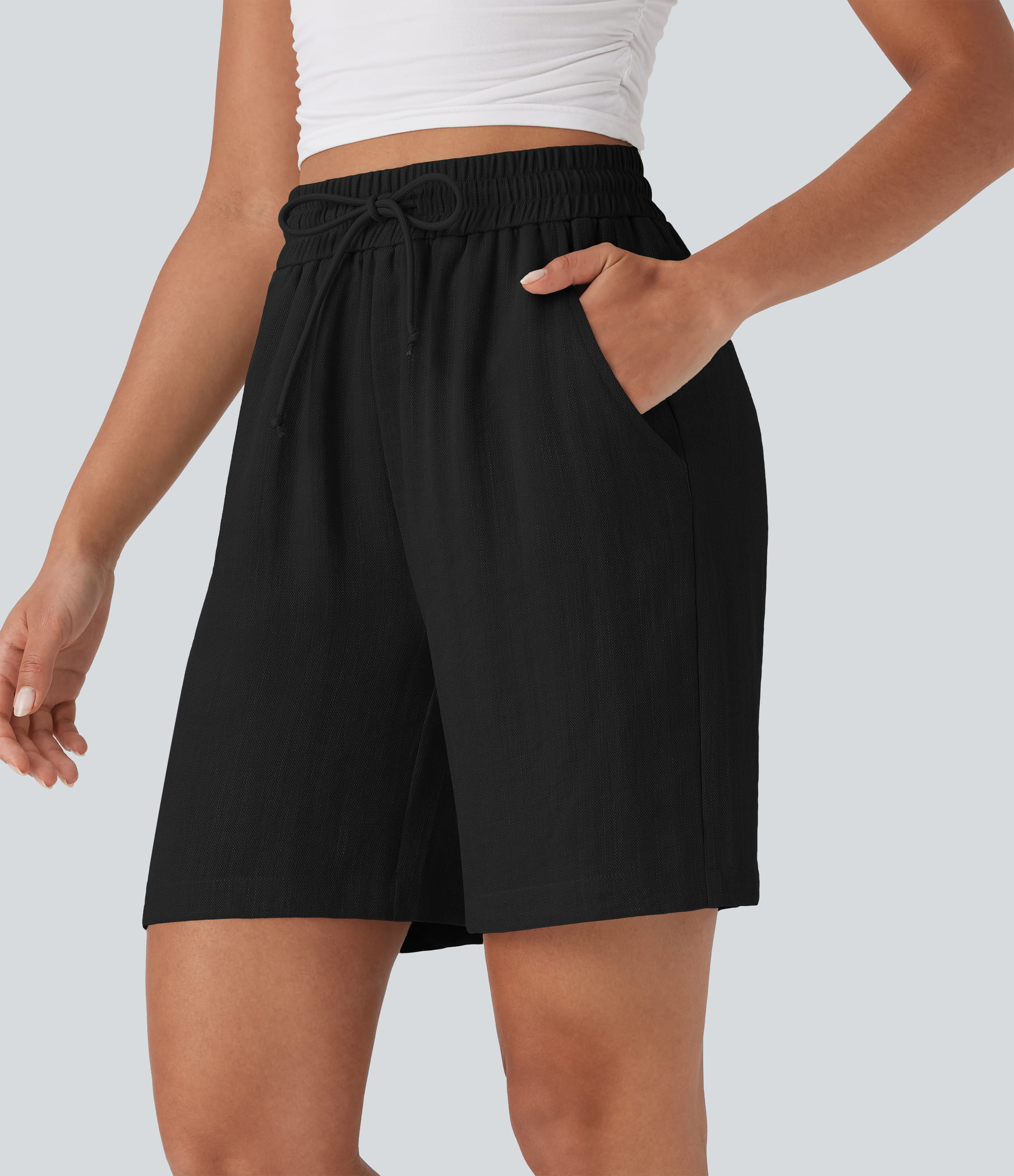 High Waisted Drawstring Women Casual Linen-Feel Shorts with Pockets