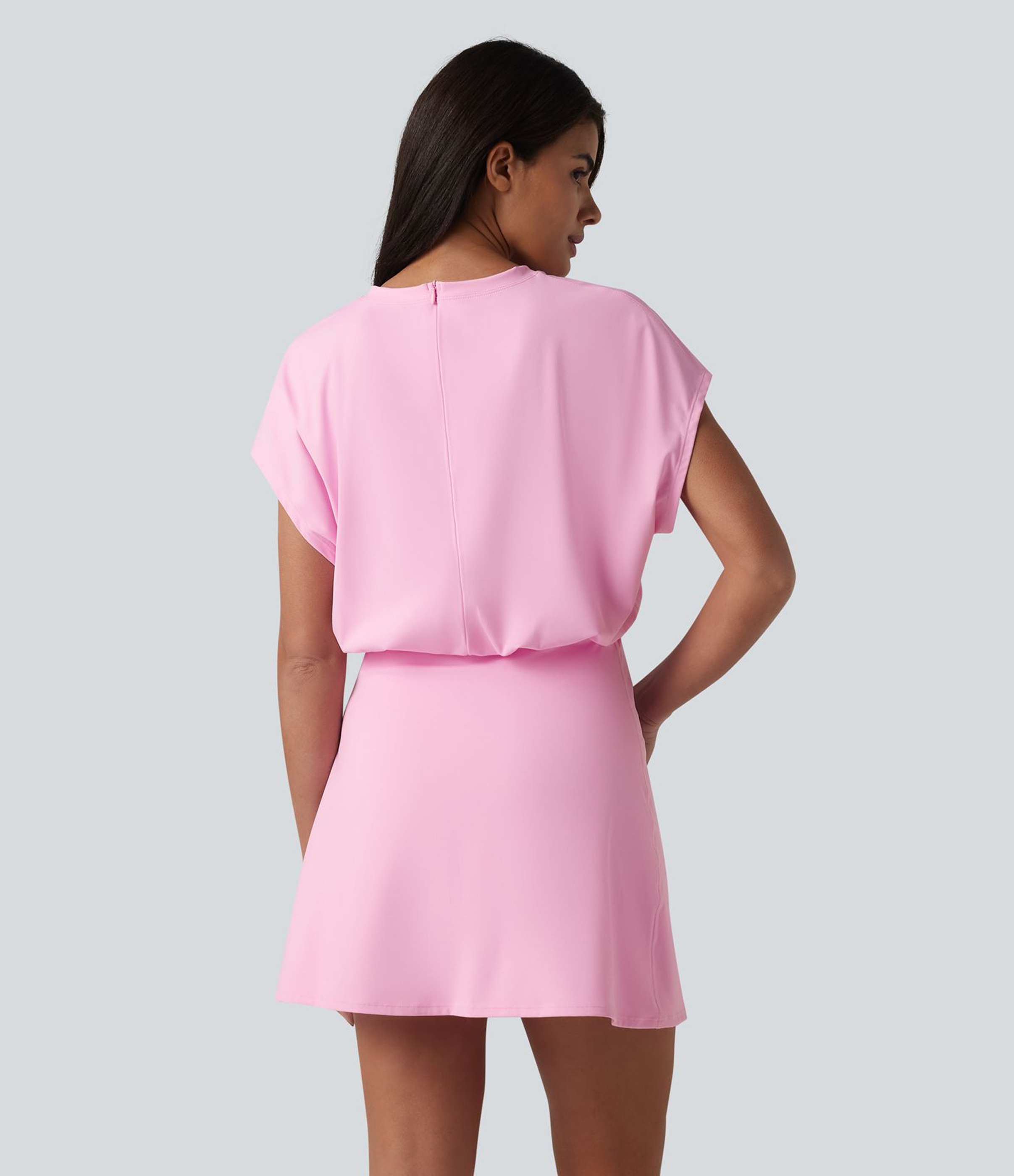 Nosegay SoftlyZero™ Airy Round Neck Short Sleeve 2-in-1 InstantCool Mini Yoga Active Dress with Pockets-Easy Peezy Edition / 2