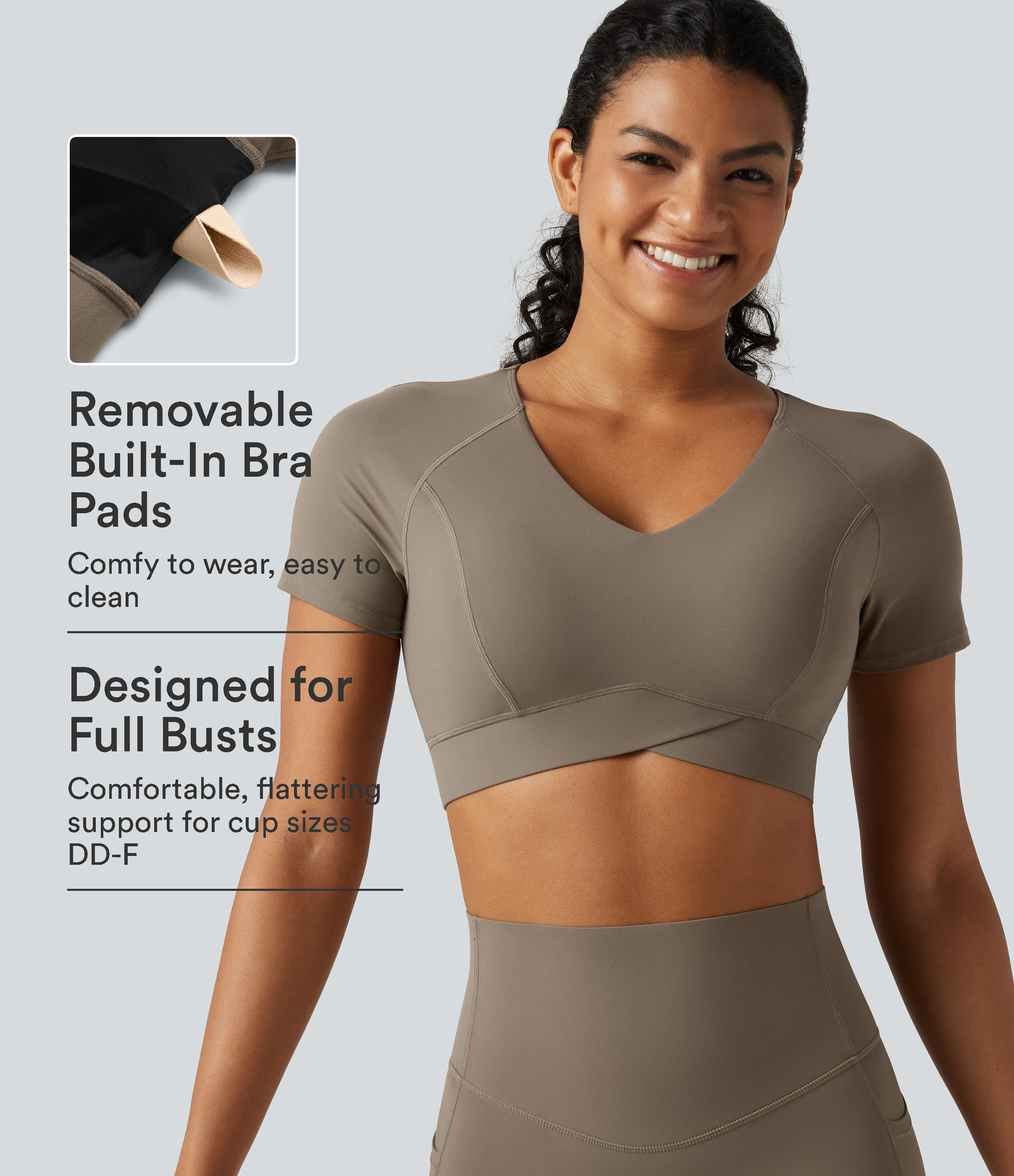 Halara UltraSculpt™ V Neck Built-in Bra Short Sleeve Crossover Hem Cropped Workout Sports Top DD-F Cups