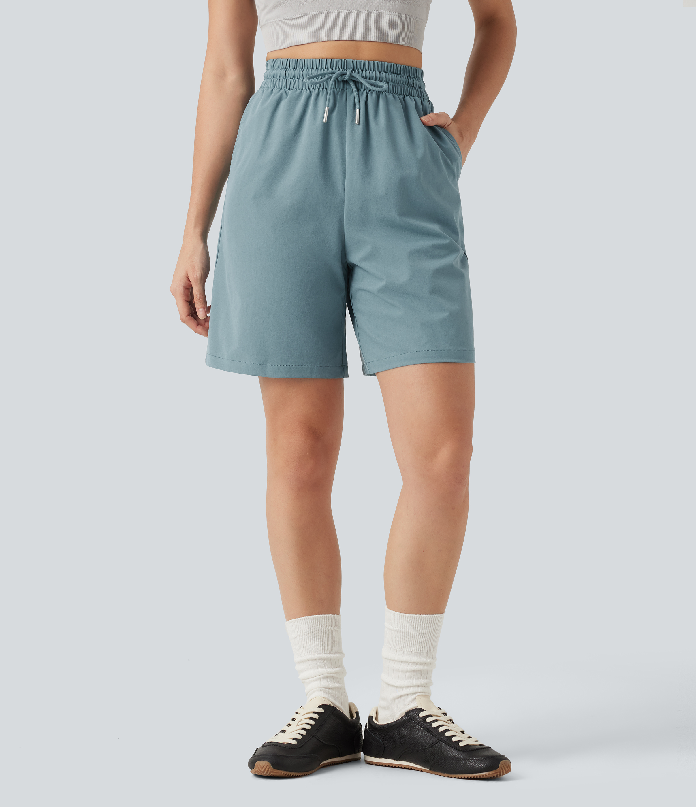 High Waisted Drawstring Bermuda Stretchy Poplin Workout Shorts 7'' with Pockets
