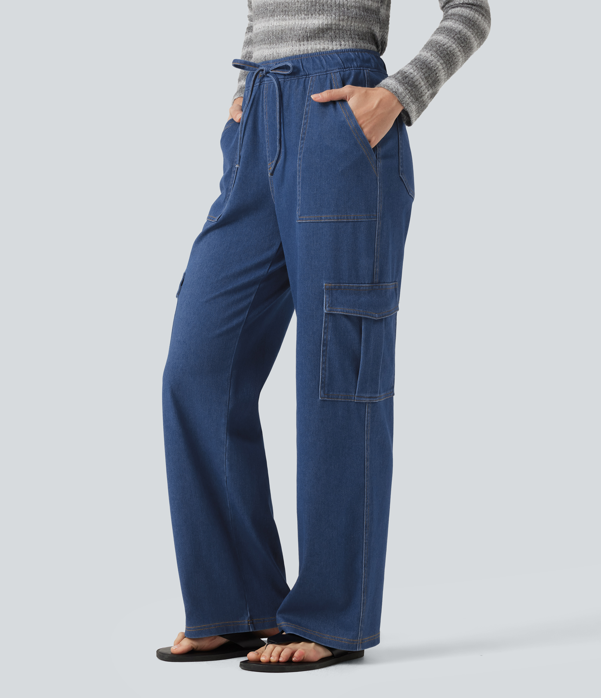 Halara Flex™ Mid Rise Drawstring Straight Leg Casual Cargo Jeans with Pockets