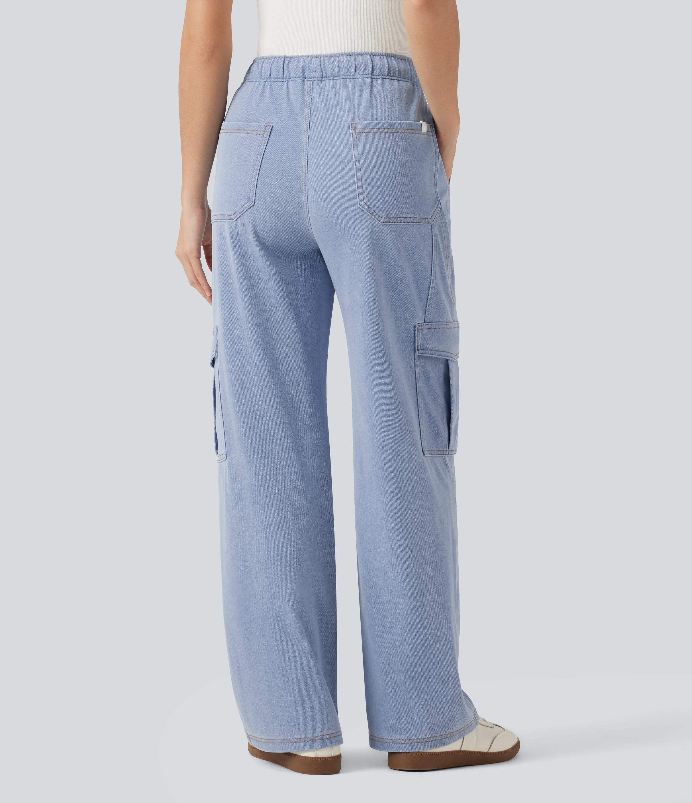 Powder Blue Denim Halara Flex™ Jean cargo décontracté taille mi-haute à cordon, coupe droite, avec poches / 2