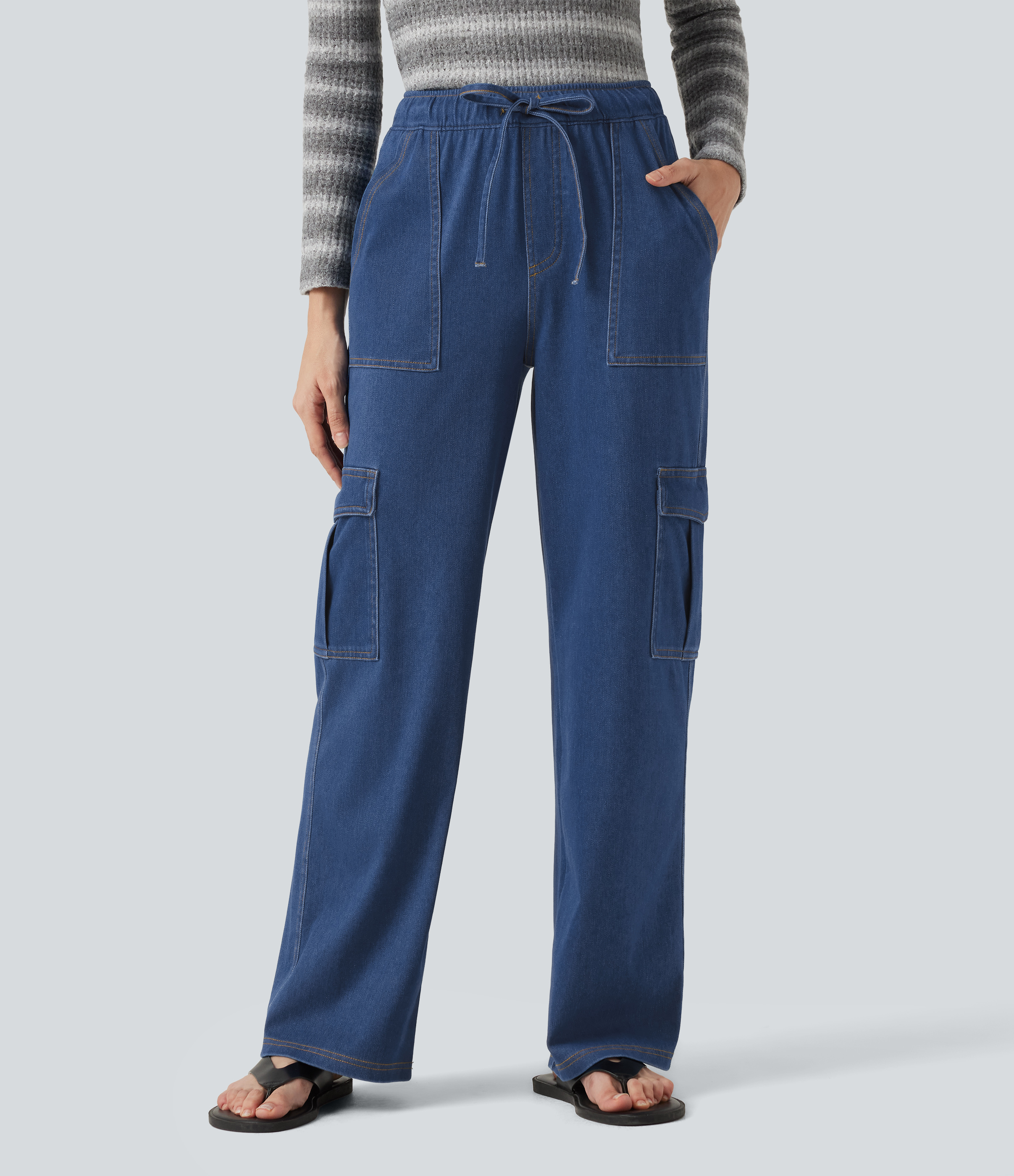 Halara Flex™ Mid Rise Drawstring Straight Leg Casual Cargo Jeans with Pockets