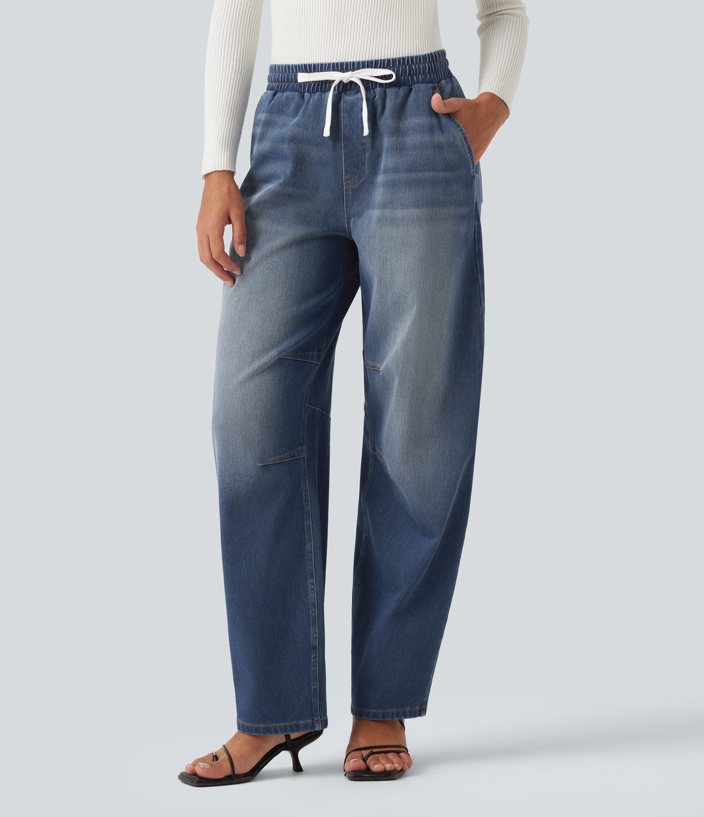 Halara Flex™ Mid Rise Drawstring Barrel Leg Casual Jeans with Pockets