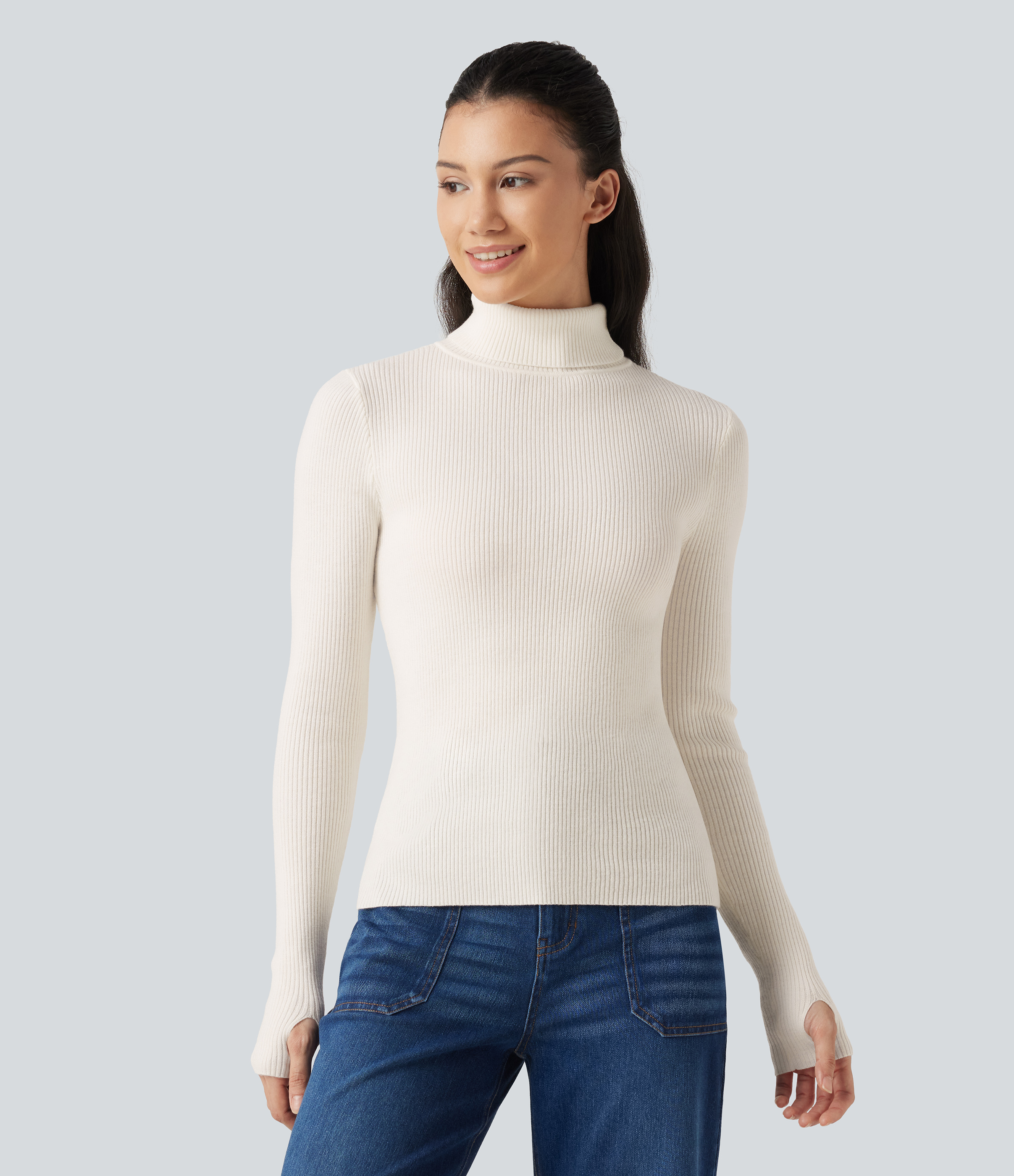 High Neck Long Sleeve Thumb Hole Work Wool-Blend Sweater