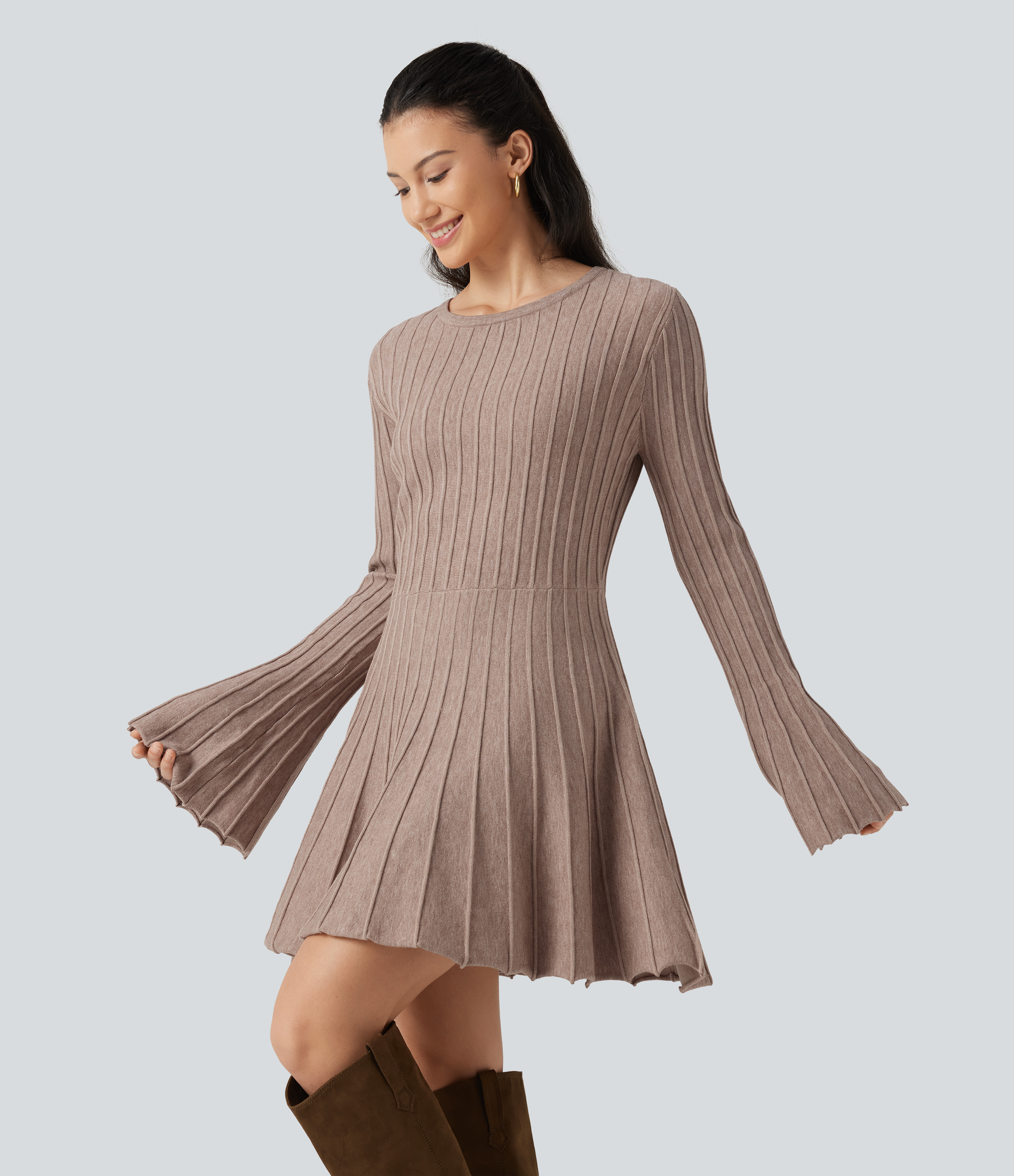 Round Neck Flounce Long Sleeve Flare Mini Casual Sweater Dress