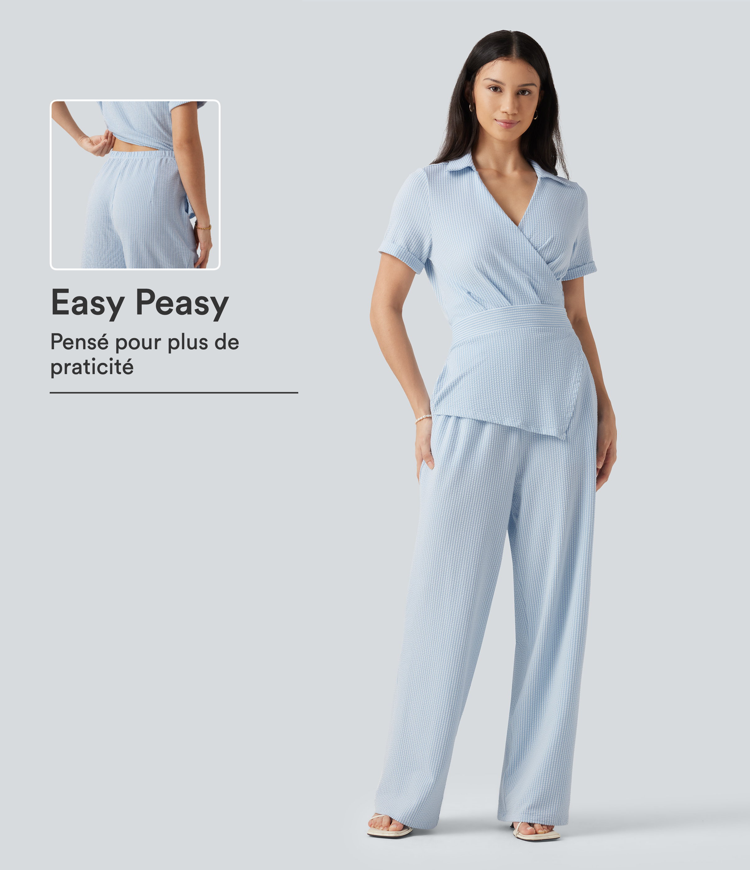 Combinaison-chemise accès facile Easy Peasy en coton froissé rayé à manches courtes, cache-cœur, lien au dos et poches