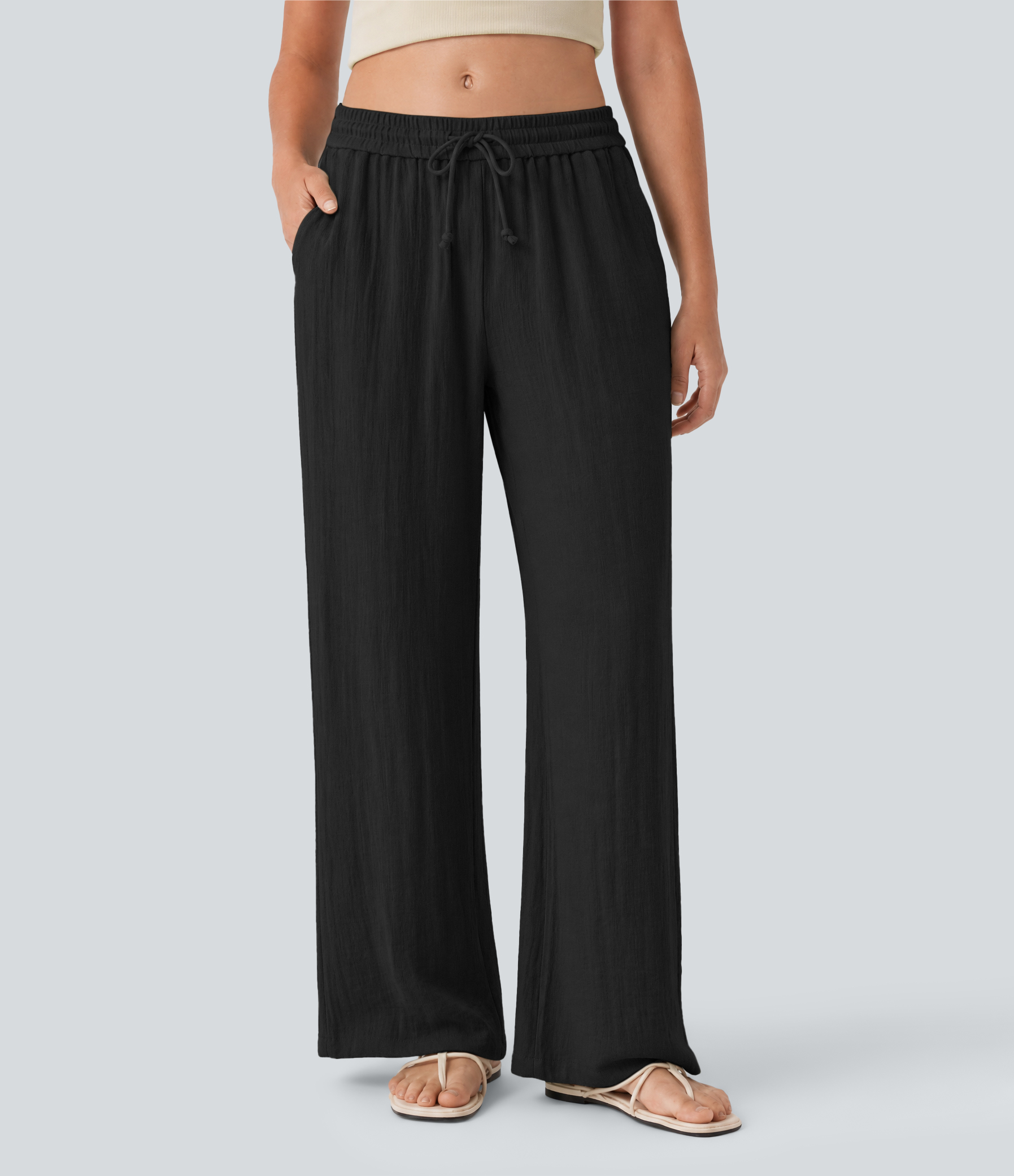 Low Rise Drawstring Wide Leg Baggy Casual Linen-Feel Pants with Pockets