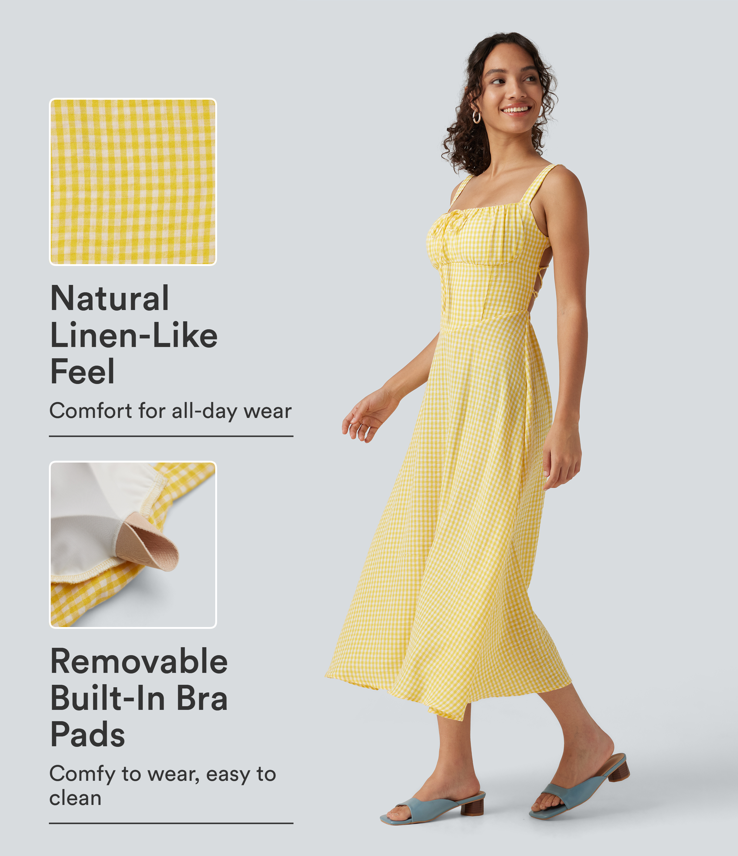 Square Neck Crisscross Backless Built-in Bra Corset Plaid Flowy Midi Linen-Feel Resort Dress