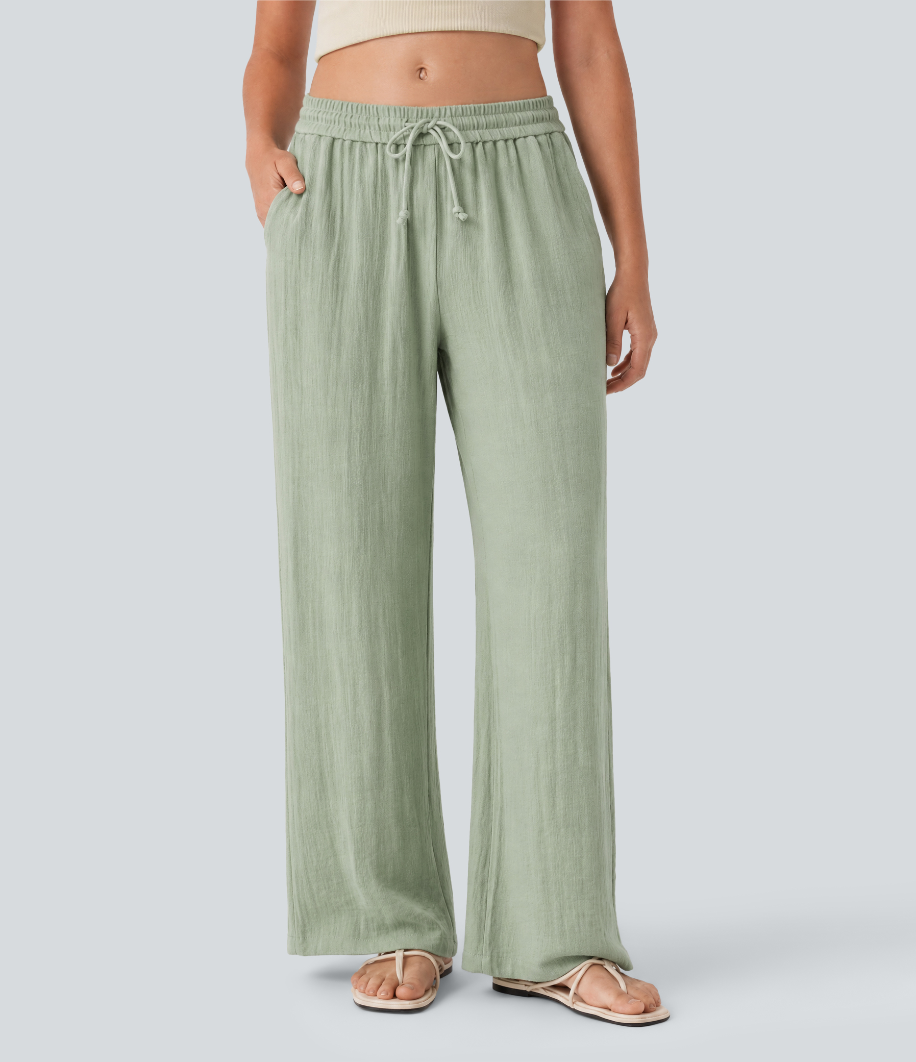 Low Rise Drawstring Wide Leg Baggy Casual Linen-Feel Pants with Pockets