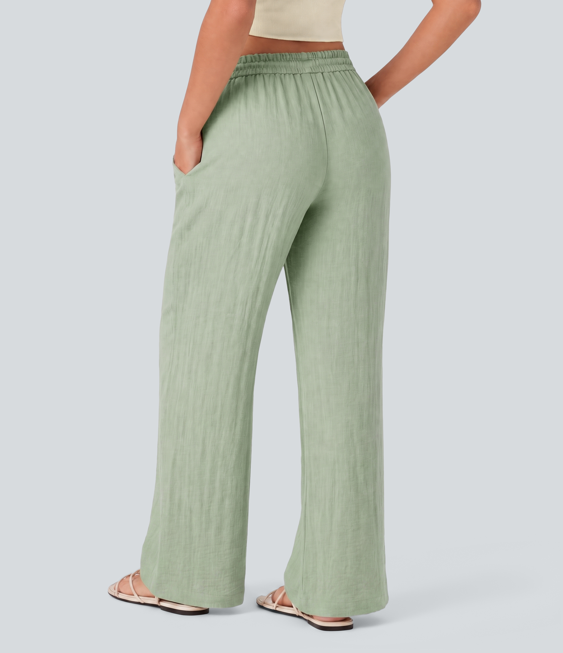 Thin Mint - Seafoam Pantalon baggy large casual effet lin taille basse avec cordon et poches / 2