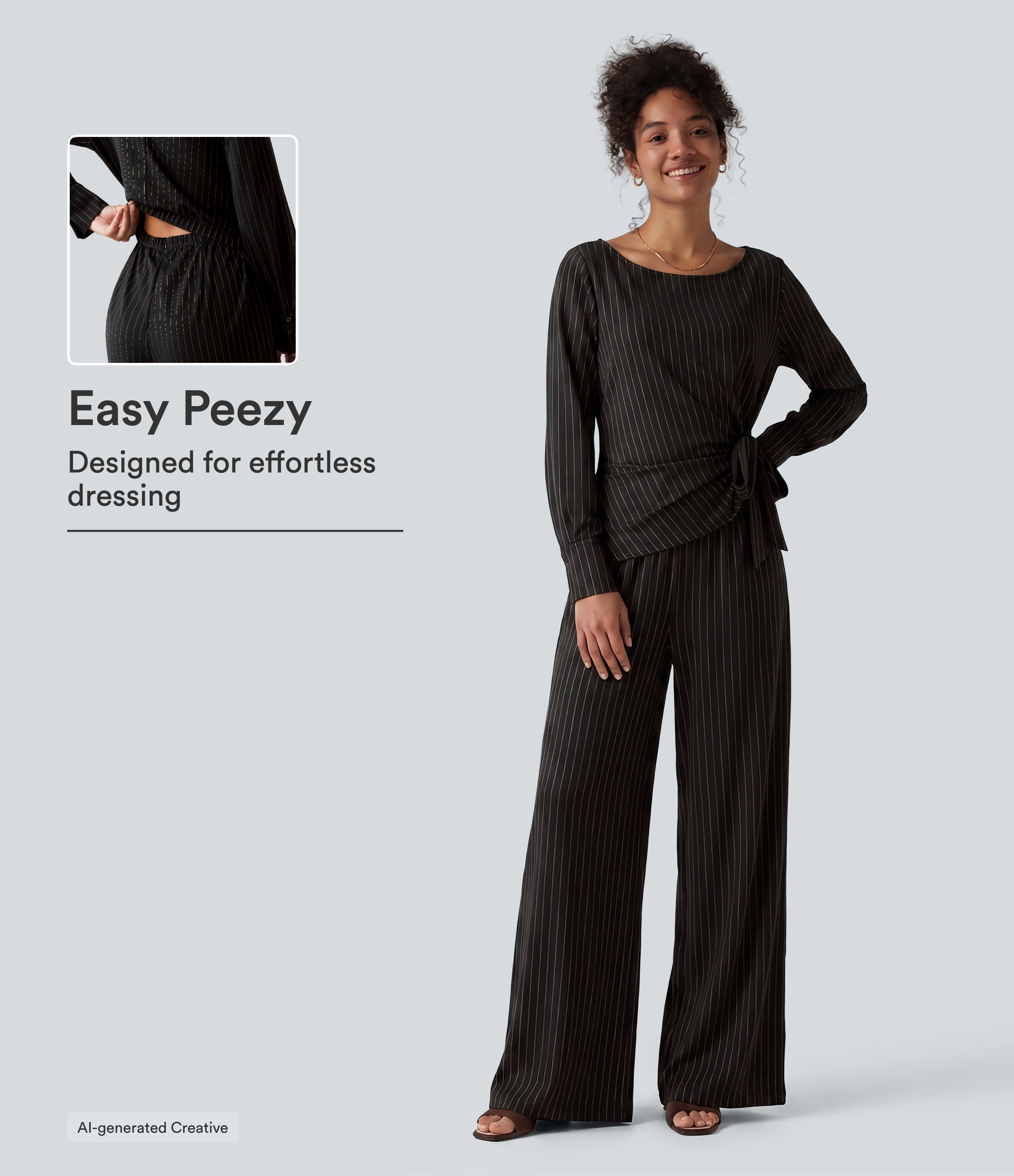 Boat Neck Long Sleeve Tie Side Cool Touch Stripe Work Jumpsuit with Pockets-Easy Peezy Edition