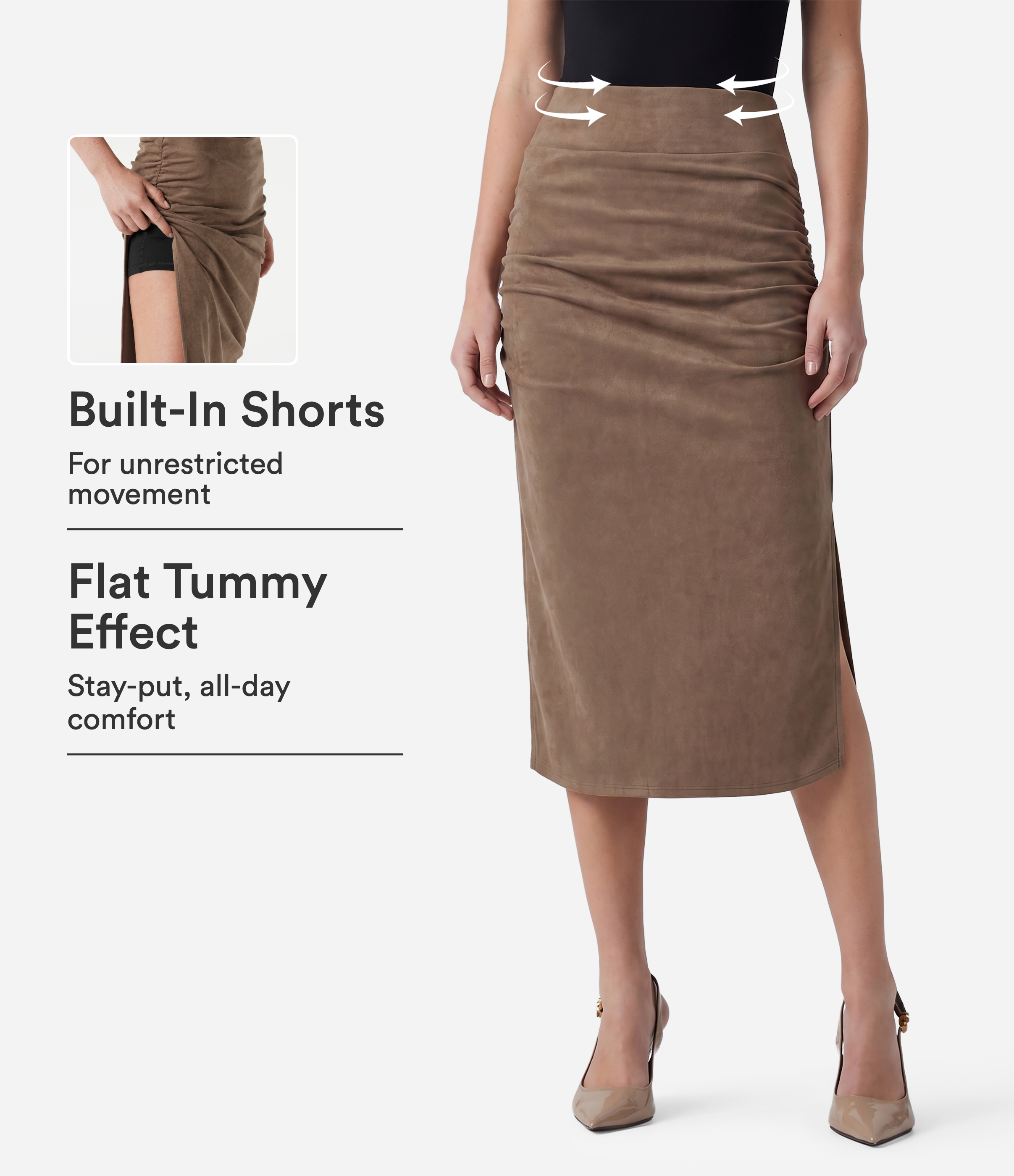 High Waisted Tummy Control Ruched Bodycon 2-in-1 Suede Midi Skirt