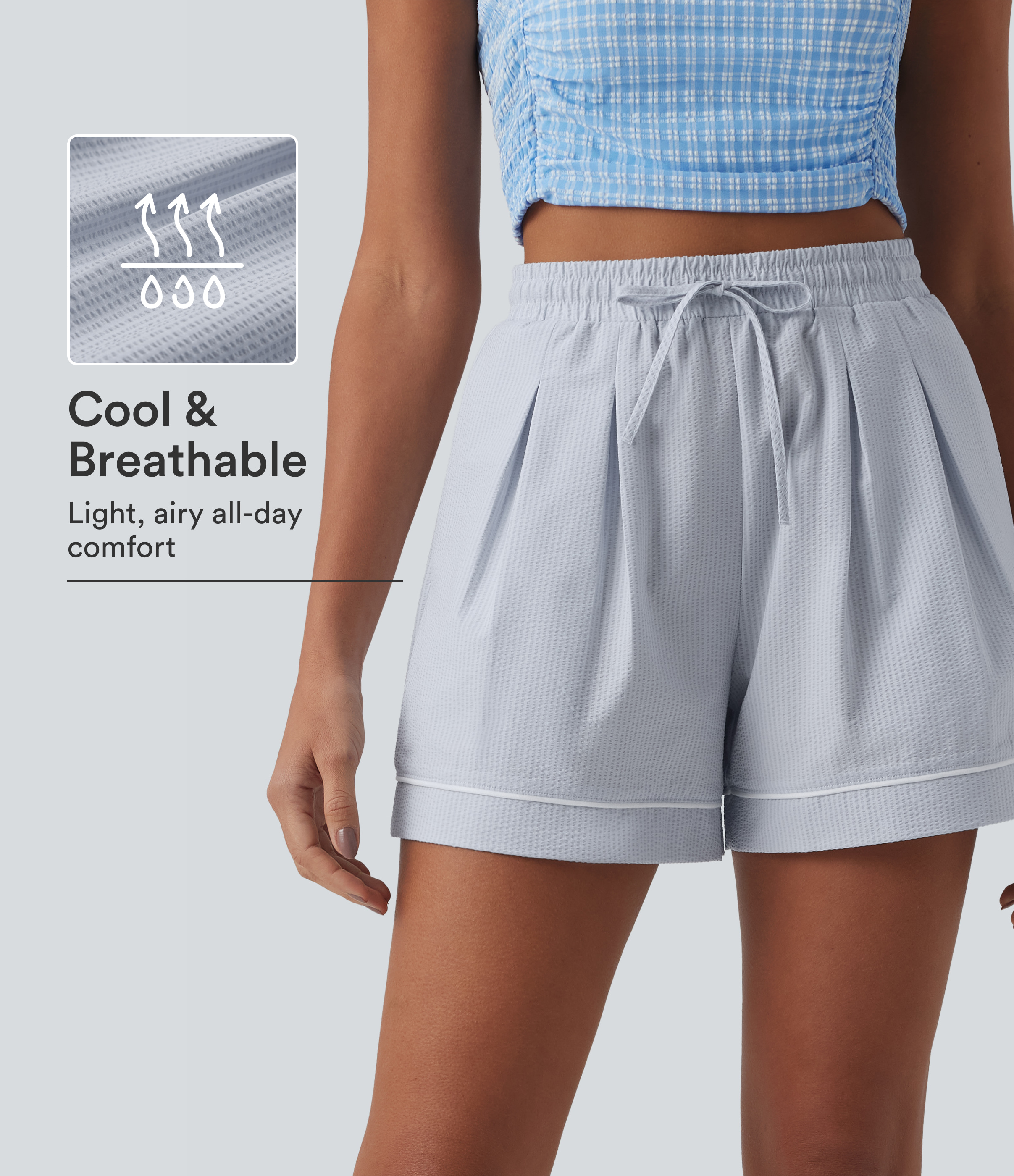 High Waisted Drawstring Pleated Quick Dry Crinkle Resort Baggy Shorts with Pockets