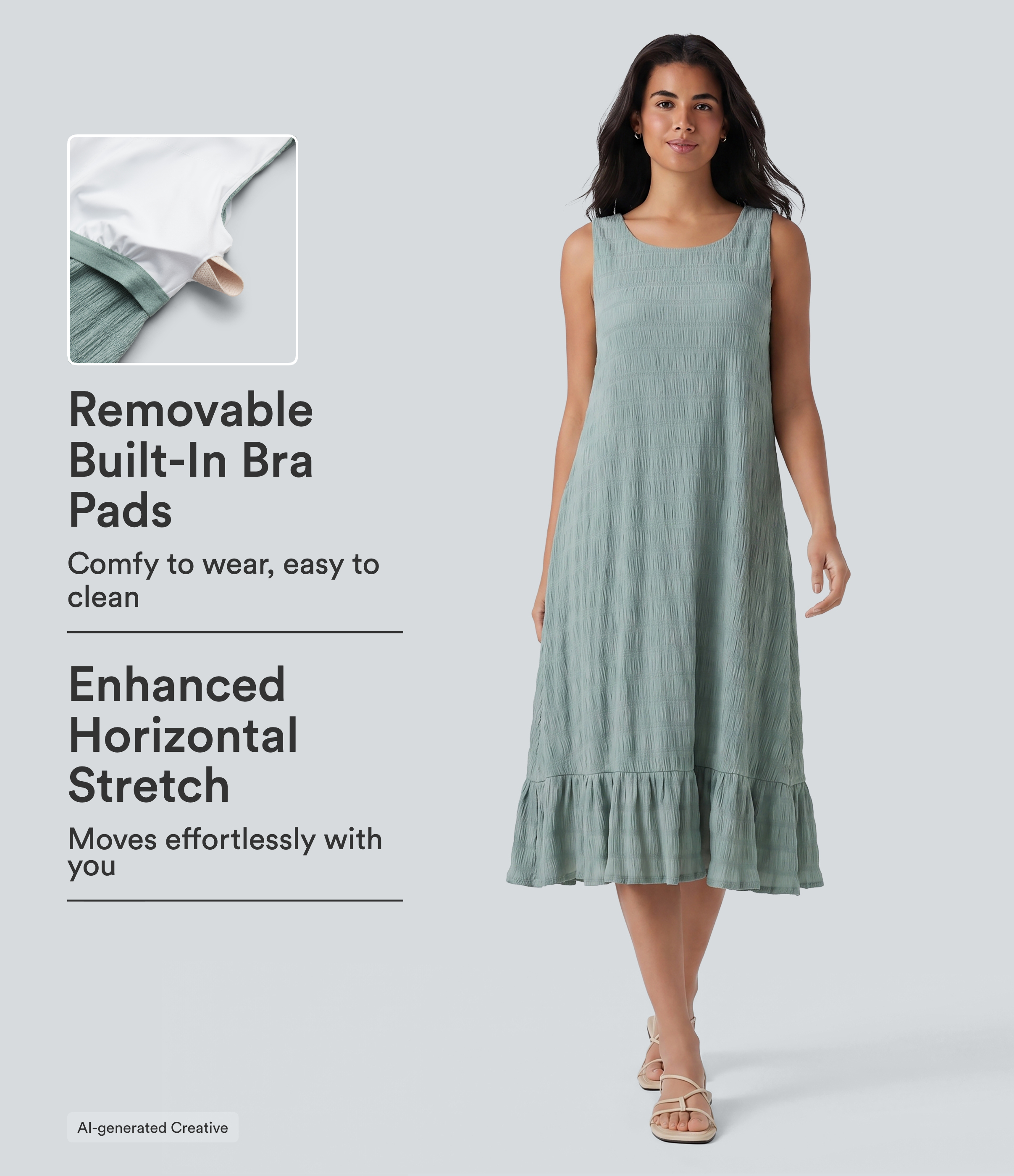 Round Neck Built-in Bra Sleeveless Ruffle Hem Midi Casual Dress
