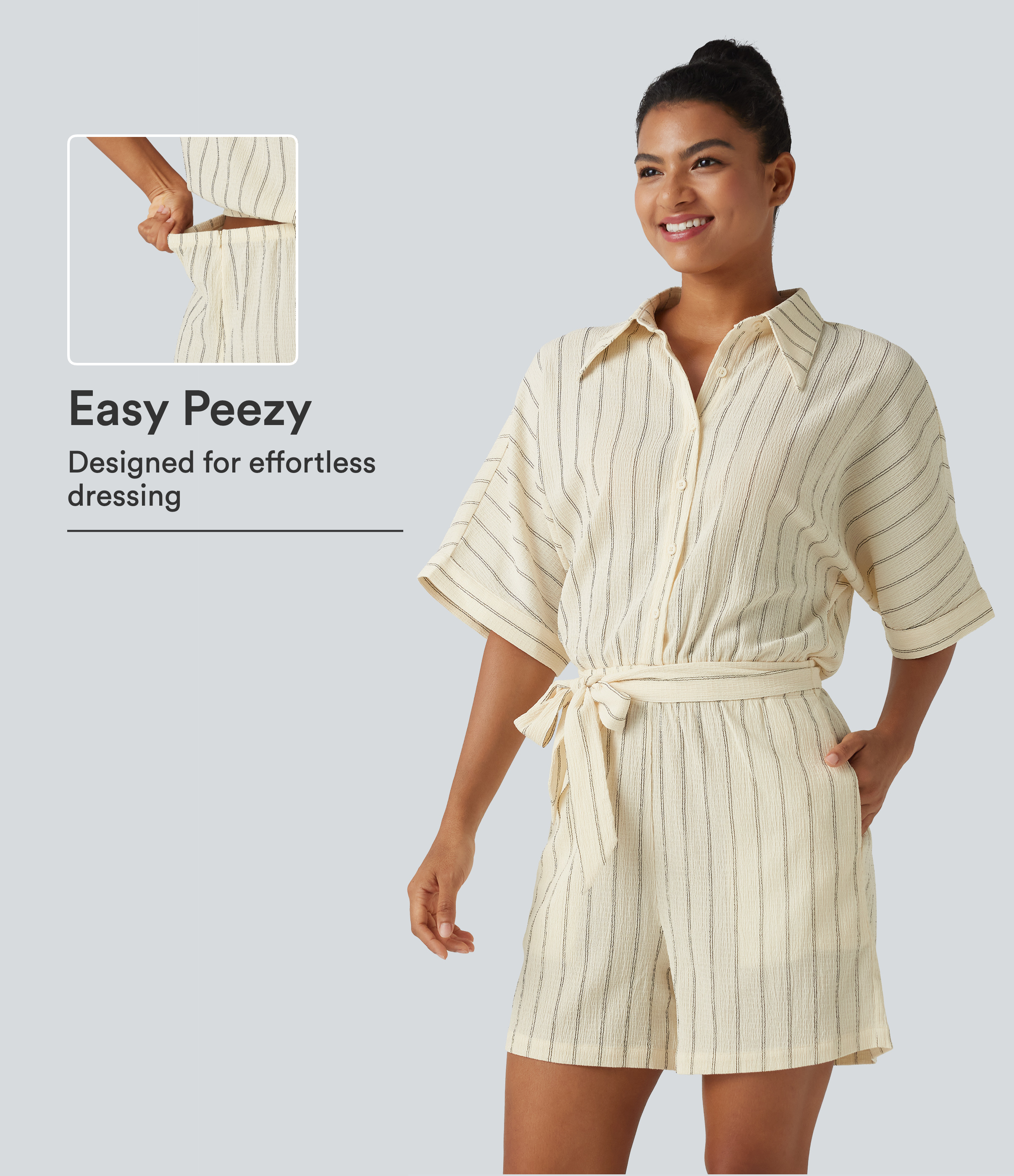 Lässiger Jumpsuit mit Seitentaschen, Fledermausärmeln, Streifen und Bindeband - Easy Peezy