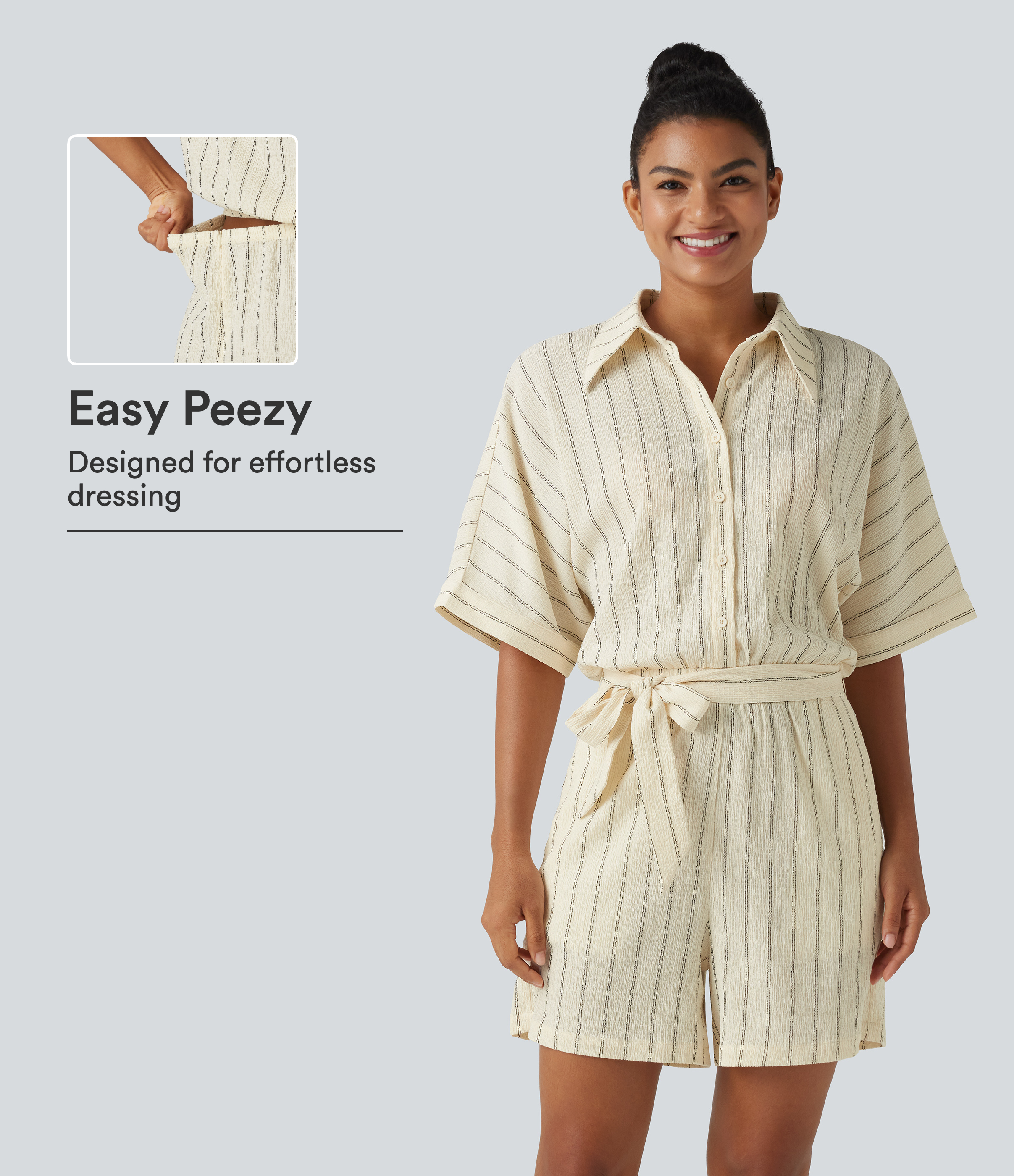 Collar Batwing Sleeve Tie Stripes Casual Romper with Pockets-Easy Peezy
