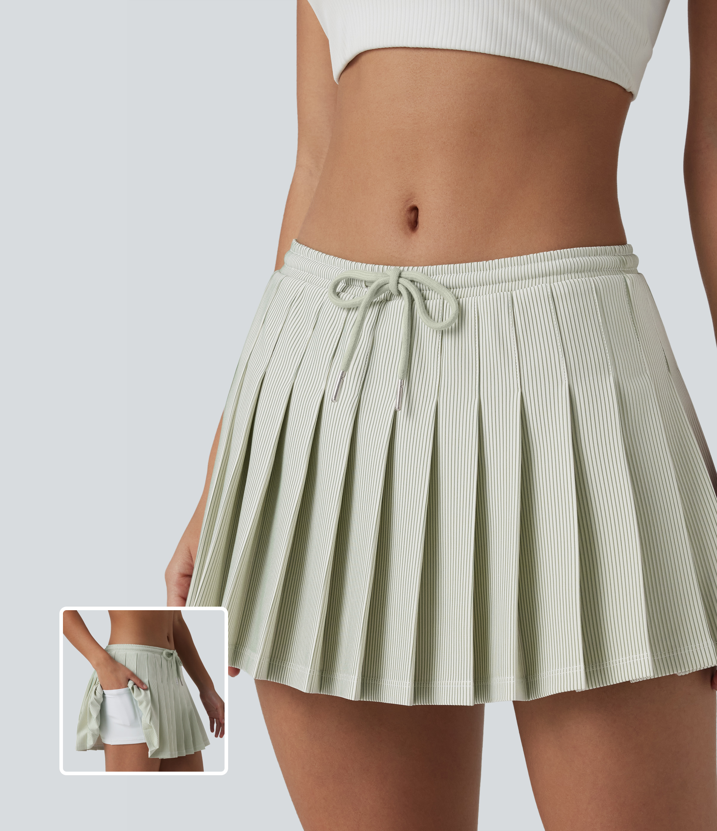 Low Rise Drawstring 2-in-1 Stripes Pleated Mini Pickleball Skirt with Pockets