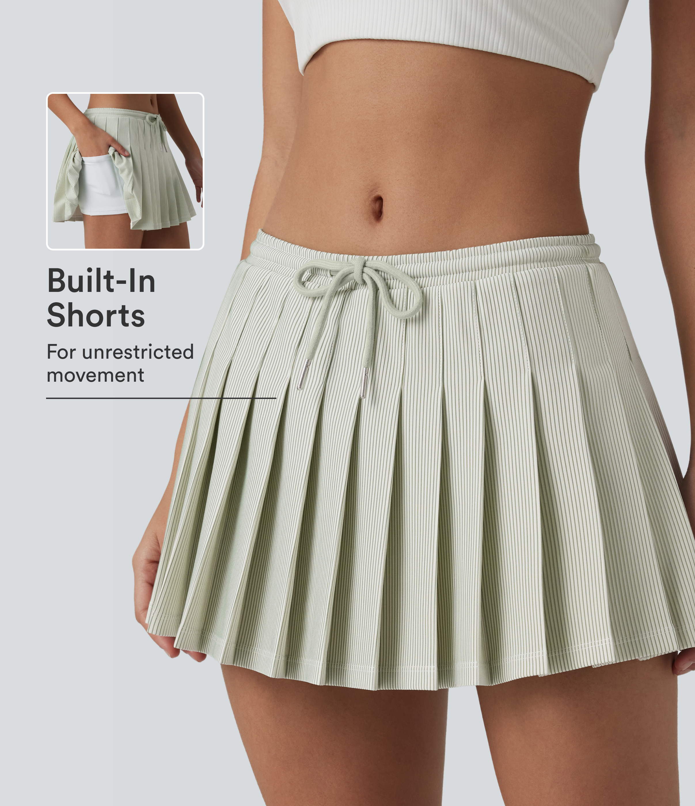 Low Rise Drawstring 2-in-1 Stripes Pleated Mini Pickleball Skirt with Pockets