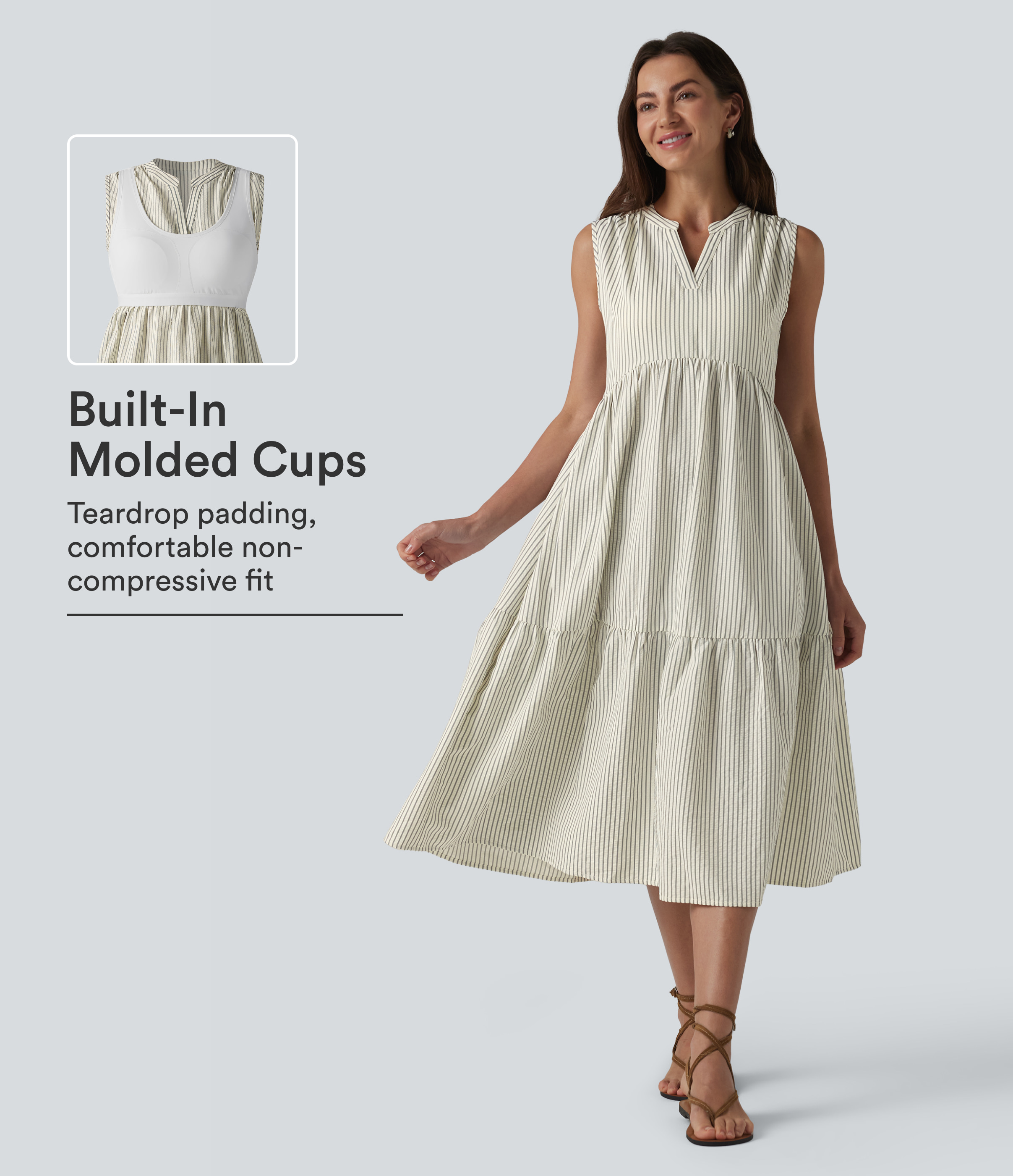 Foggy Stripe V Neck Built-in Bra Sleeveless Stripe Midi Dress / 1