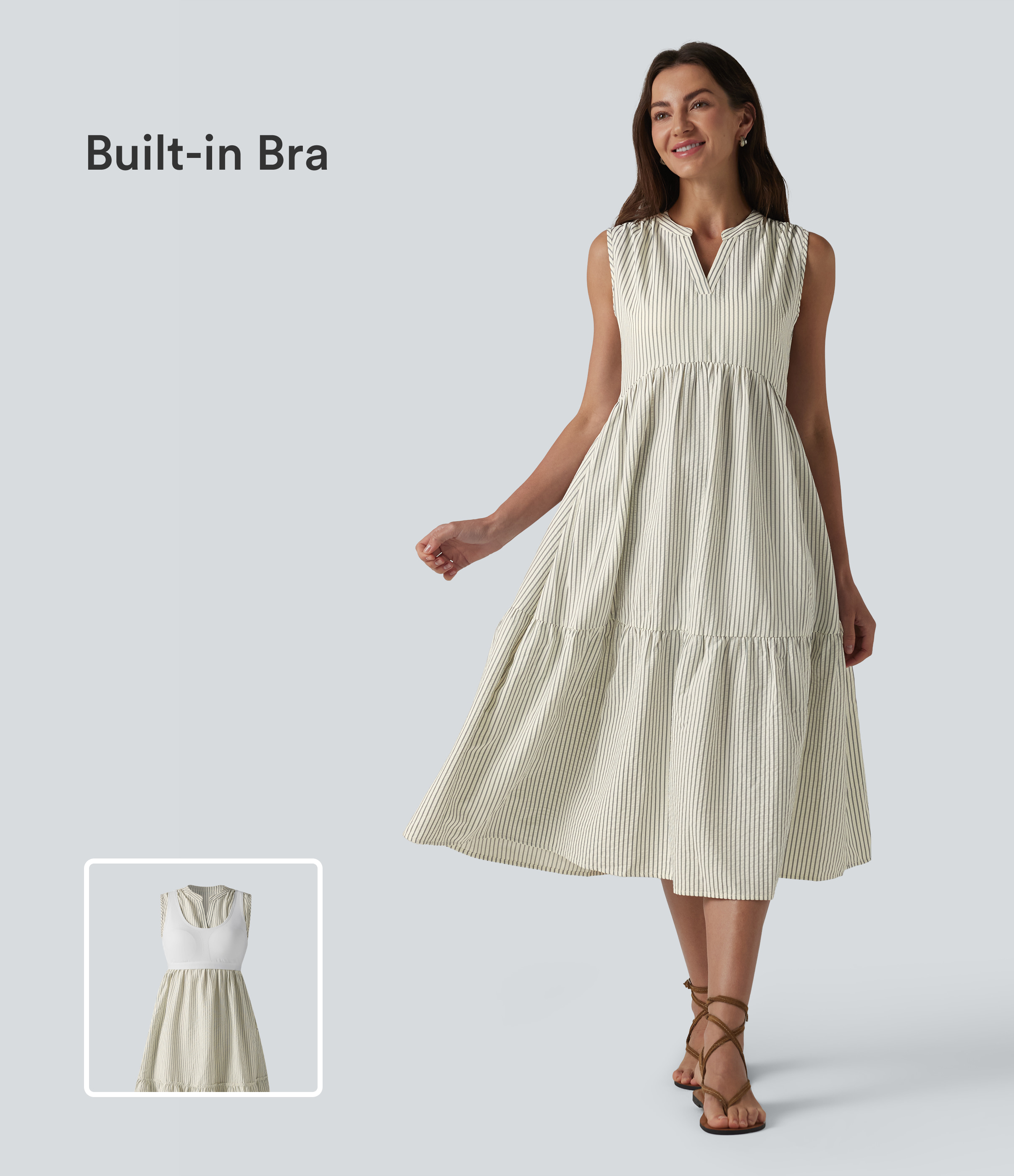 V Neck Built-in Bra Sleeveless Stripe Midi Dress
