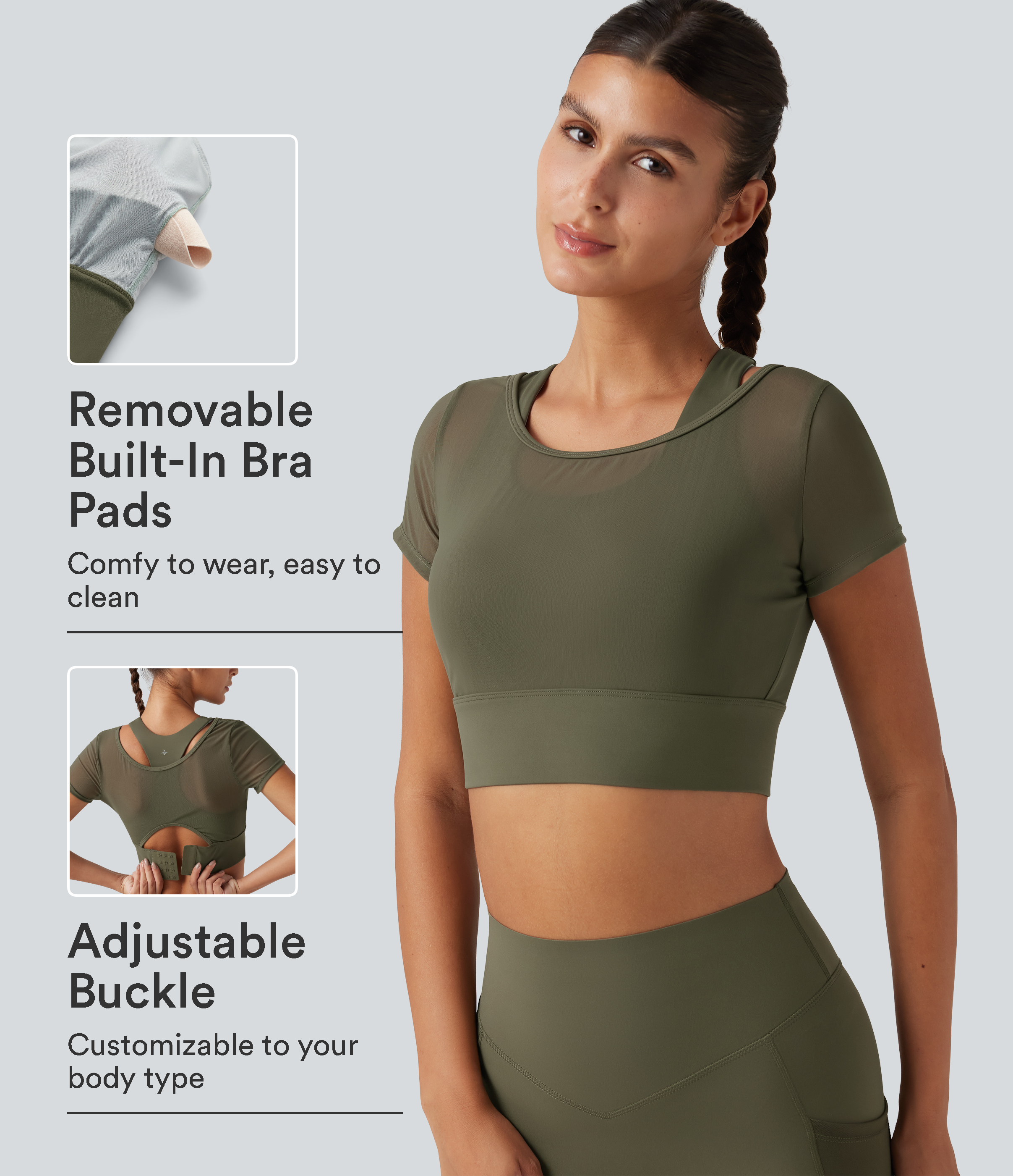 Boat Neck Built-in Bra Short Sleeve Contrast Mesh Cool Touch Quick Dry Cropped Running Sports Top-UPF50+