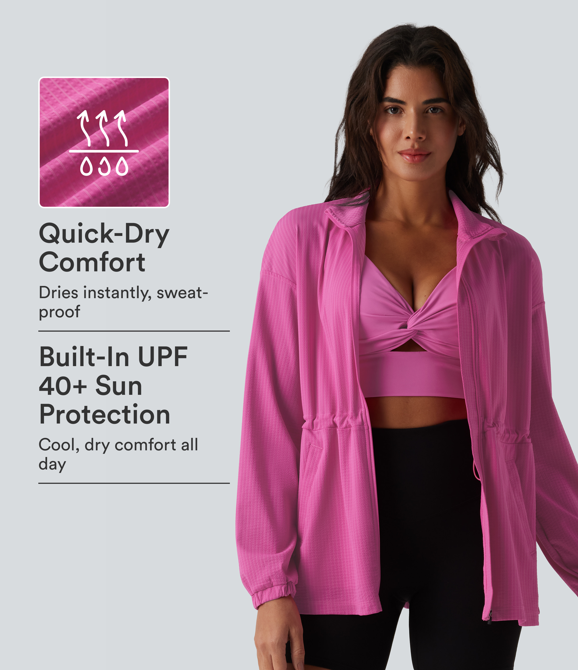 Long Sleeve Inner Drawstring Stripes Quick Dry Workout Jacket-UPF40+