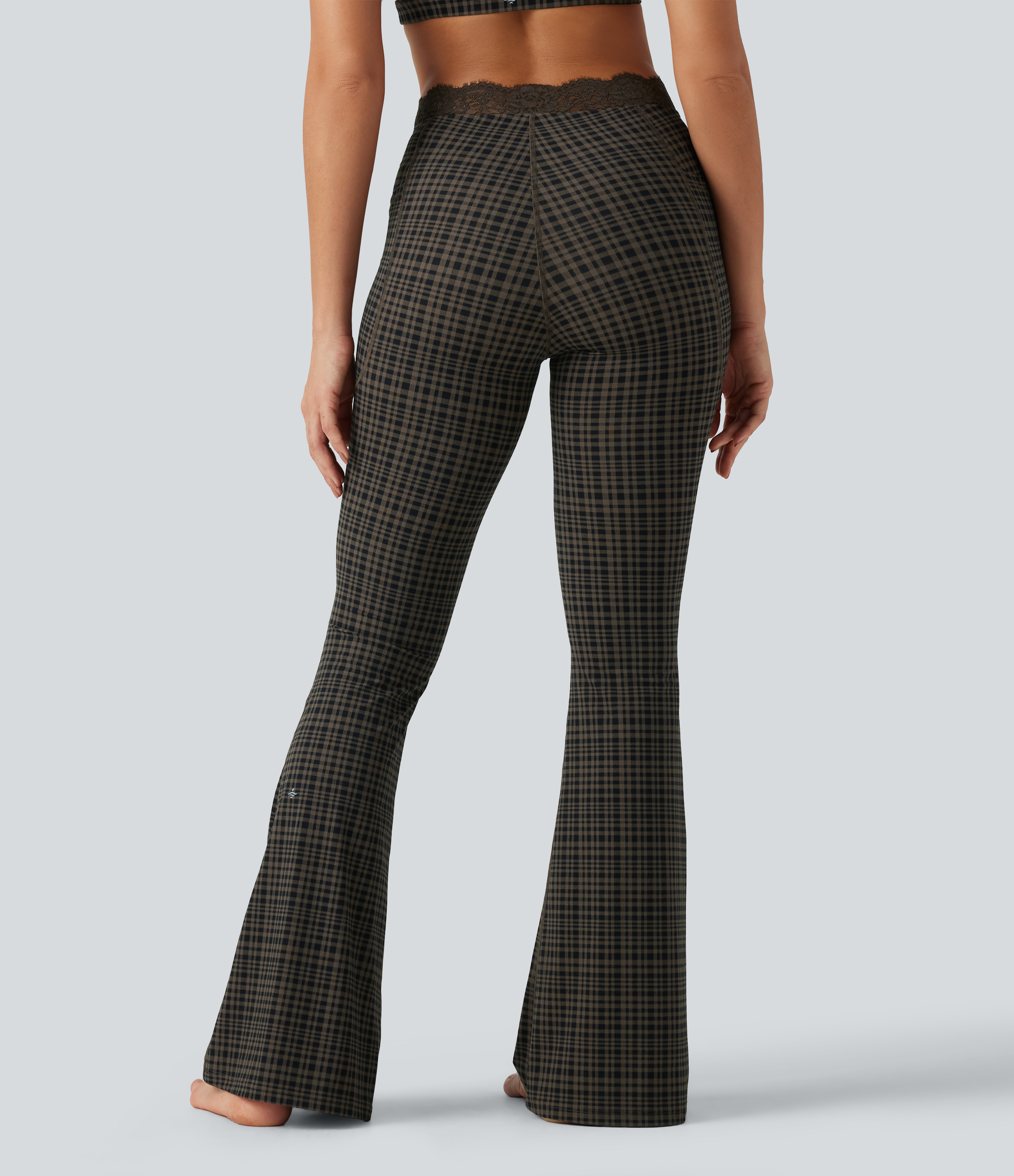 Sandstone Check Plaid Halara UltraSculpt™ Plaid Print V-Shaped High Waisted Contrast Lace Yoga Flare Leggings with Pockets / 2