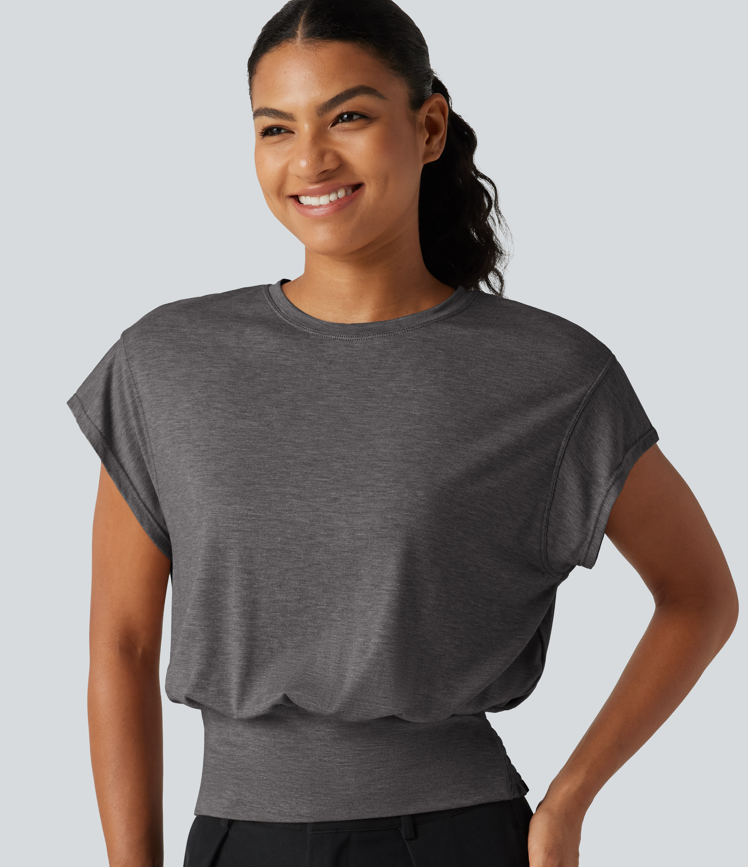 Round Neck Short Sleeve Ruched Casual T-Shirt