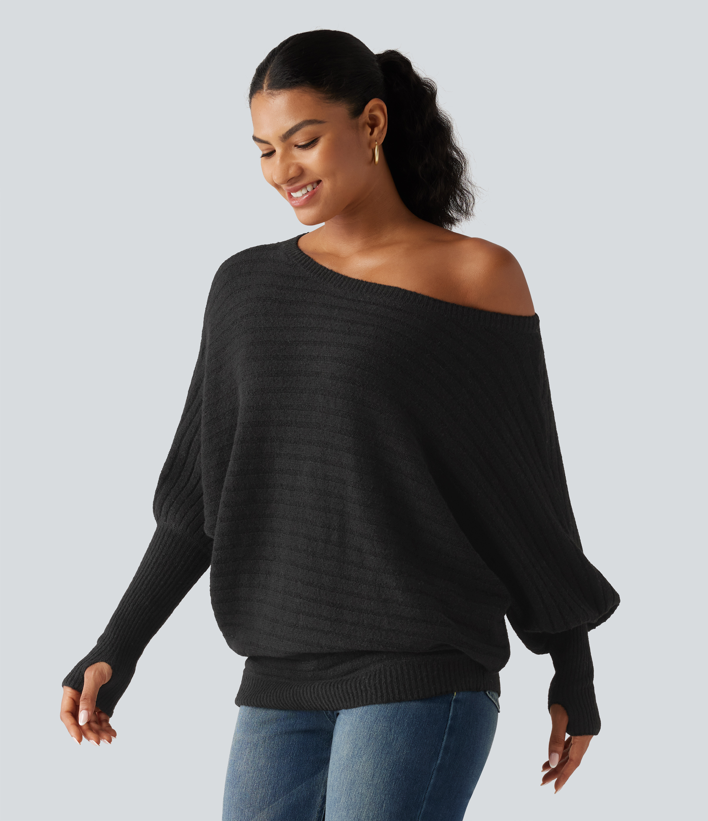 Boat Neck Batwing Long Sleeve Thumb Hole Casual Wool-Blend Jumper