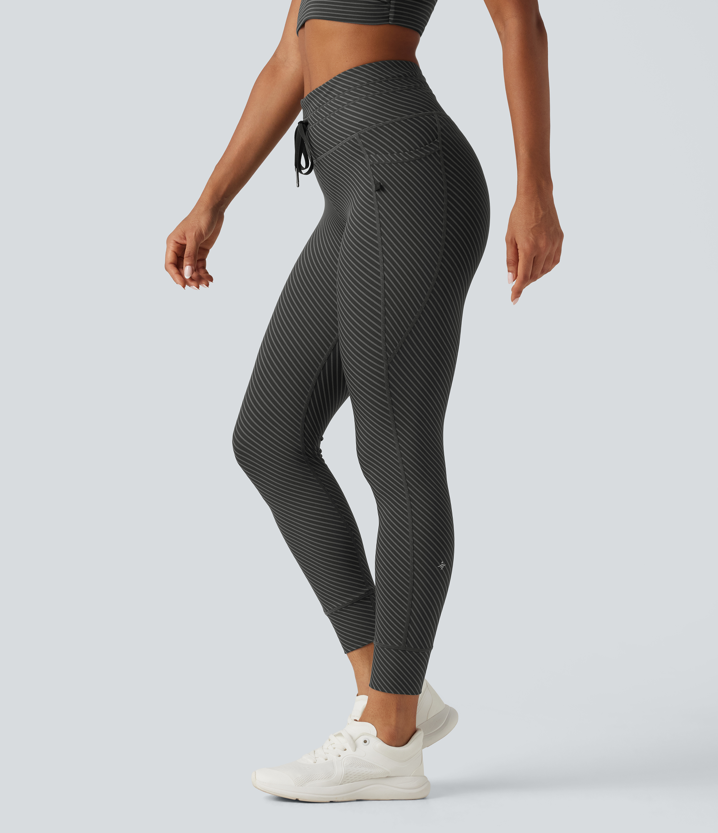 High Waisted Drawstring Twill Stripe Yoga Leggings with Pockets