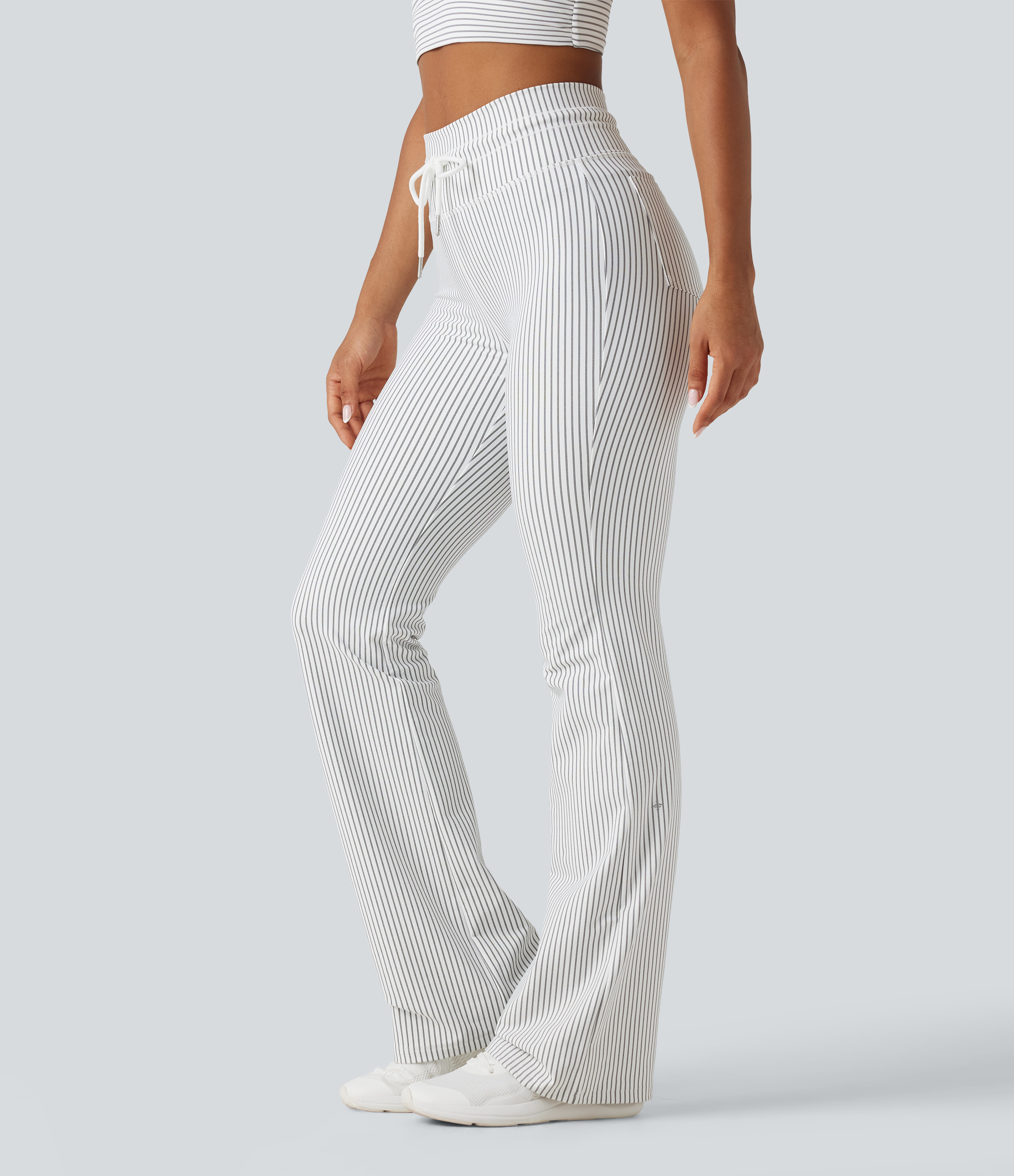 High Waisted Drawstring Stripe Flare Yoga Pants with Pockets