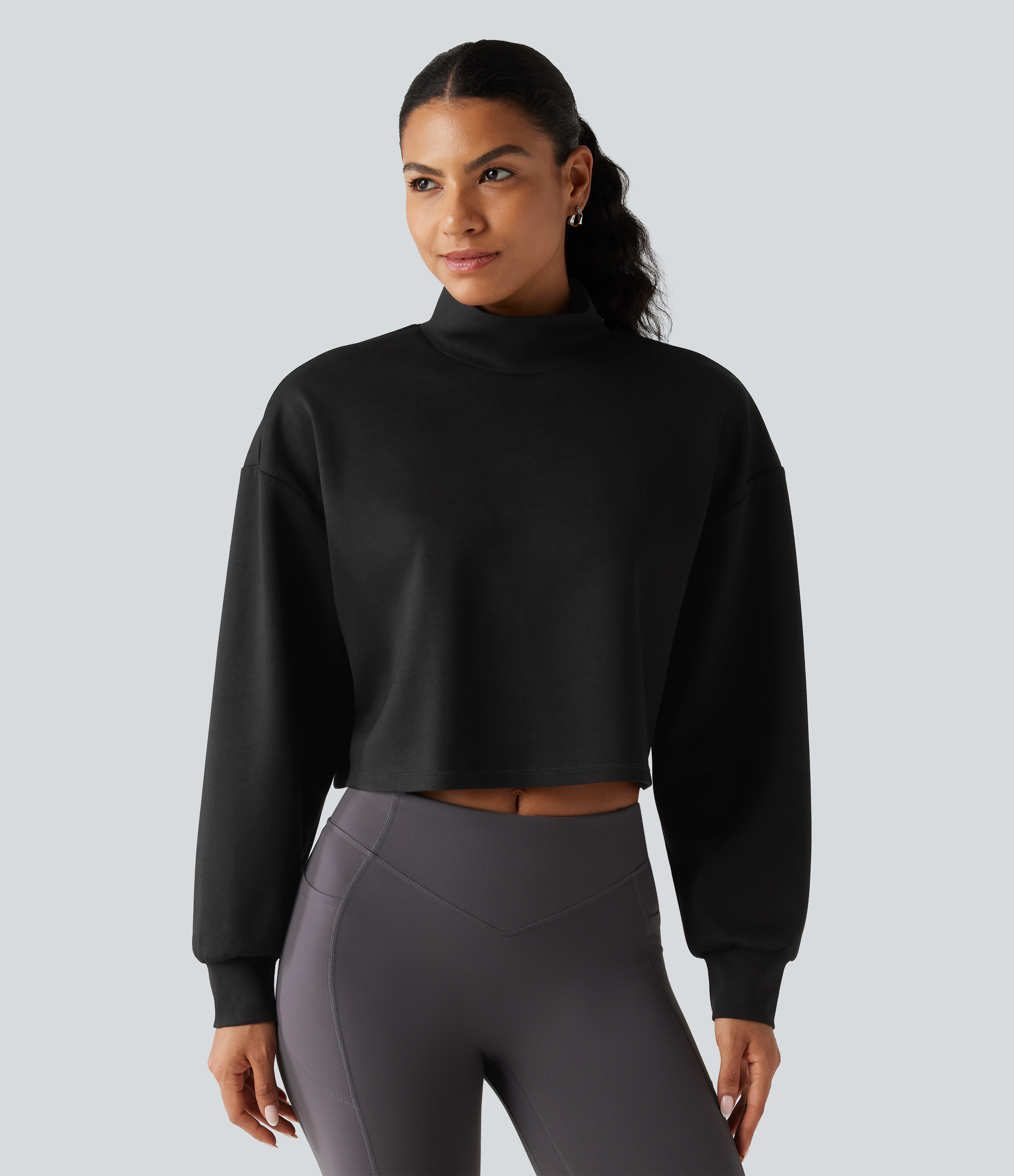Mock Neck Long Sleeve Relaxed Cropped Casual Sweatshirt 