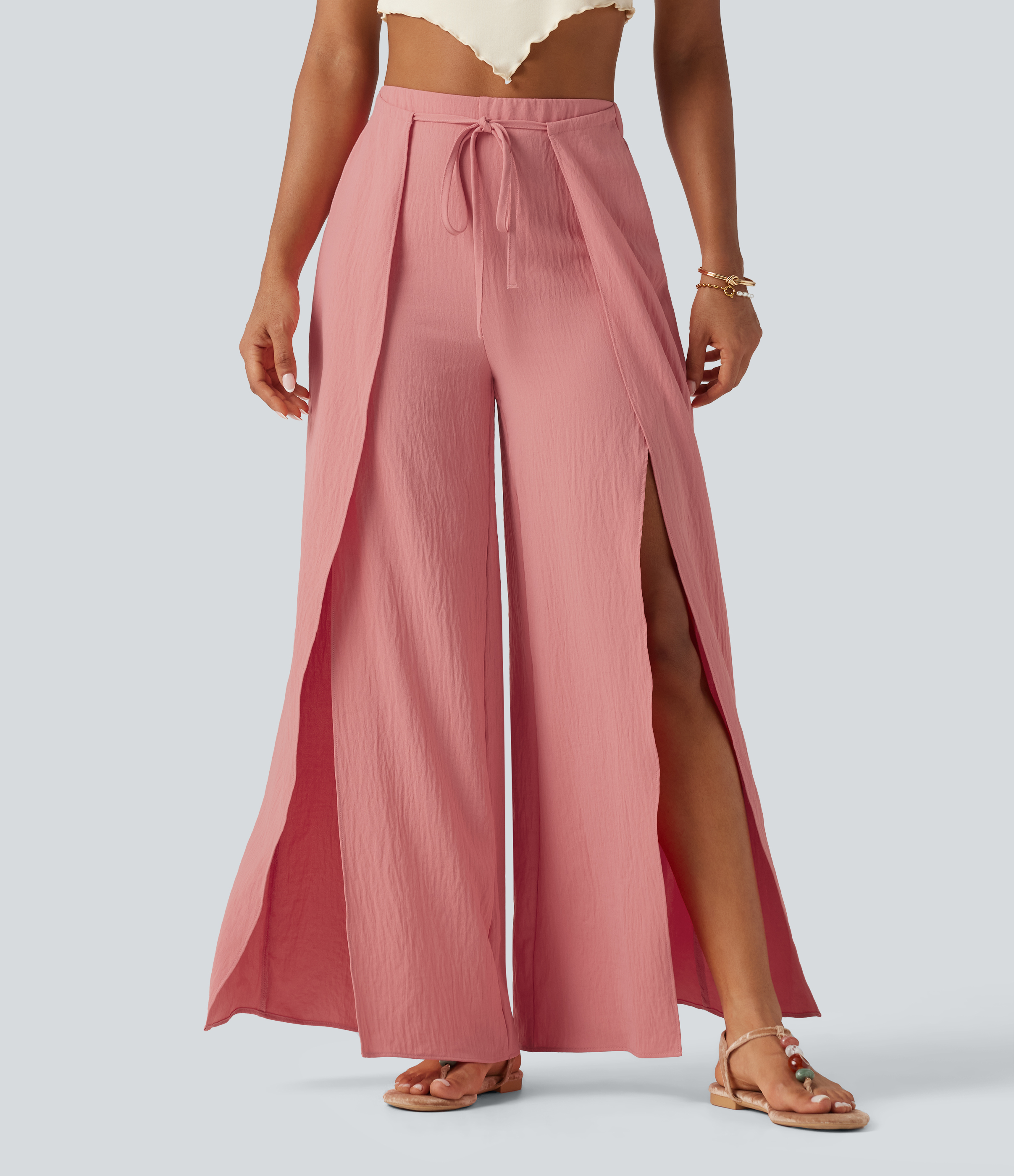 High Waisted Lace Up Flowy Baggy Casual Linen-Feel Pants