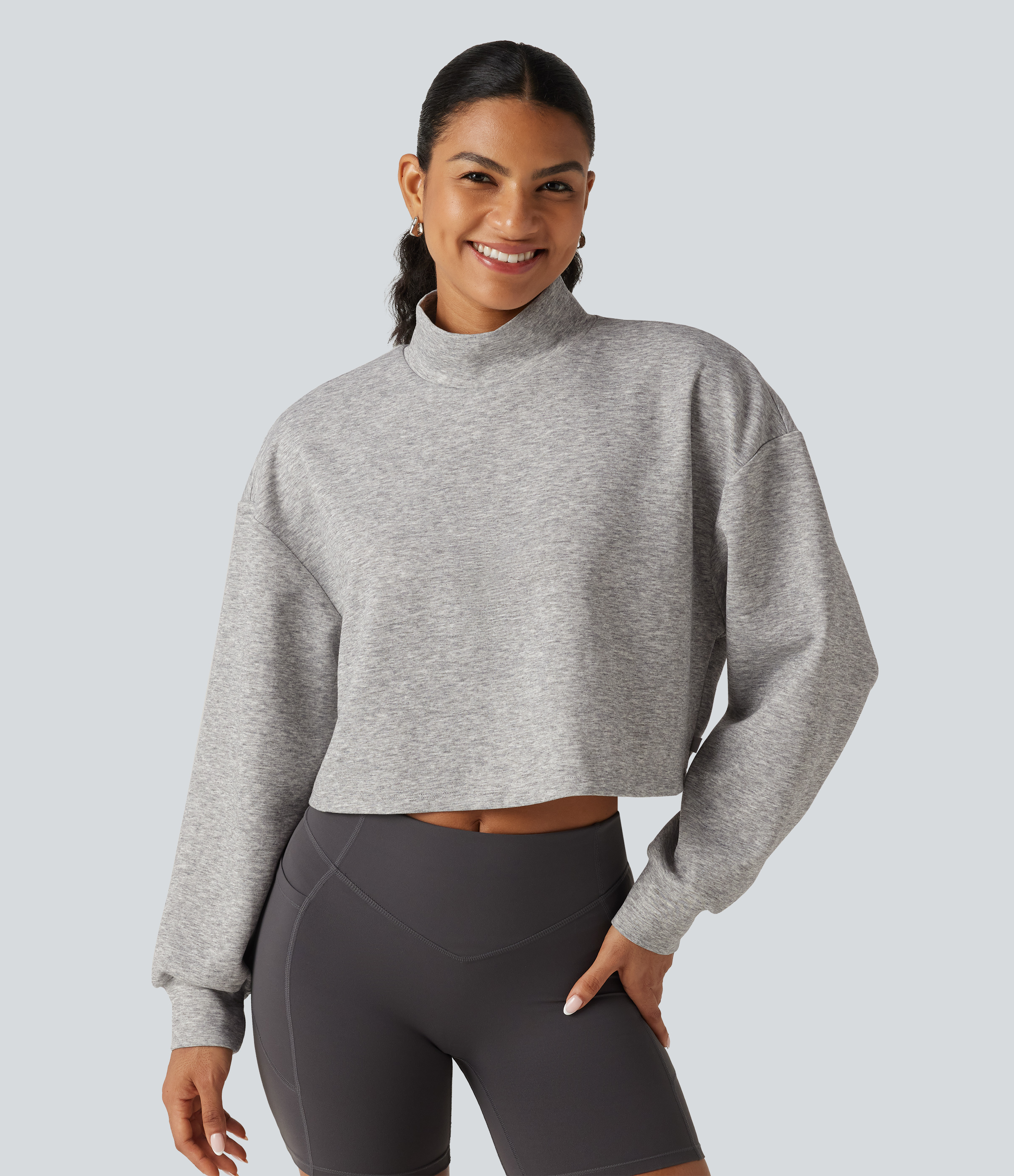 Mock Neck Long Sleeve Relaxed Cropped Casual Sweatshirt 