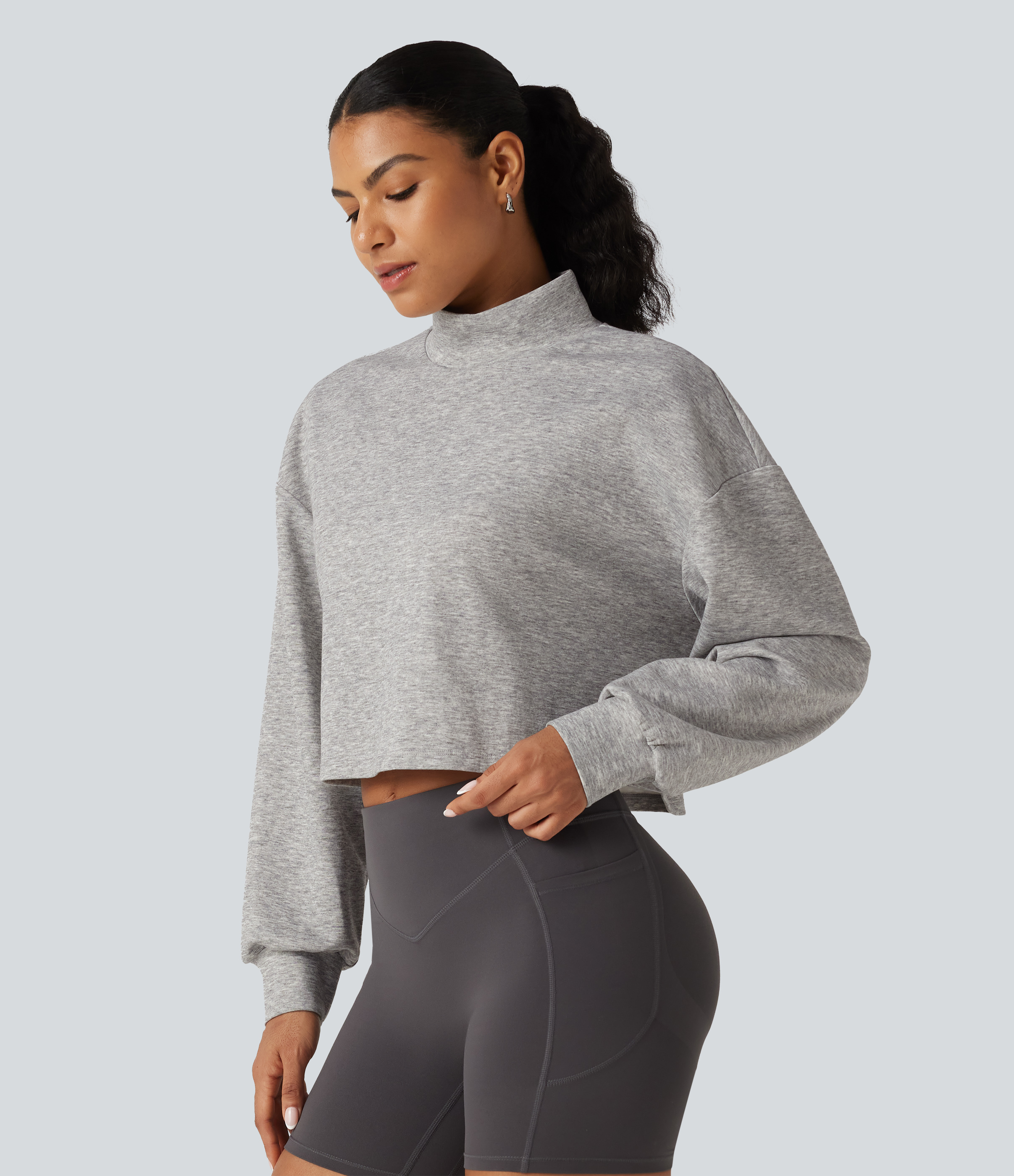 Mock Neck Long Sleeve Relaxed Cropped Casual Sweatshirt 