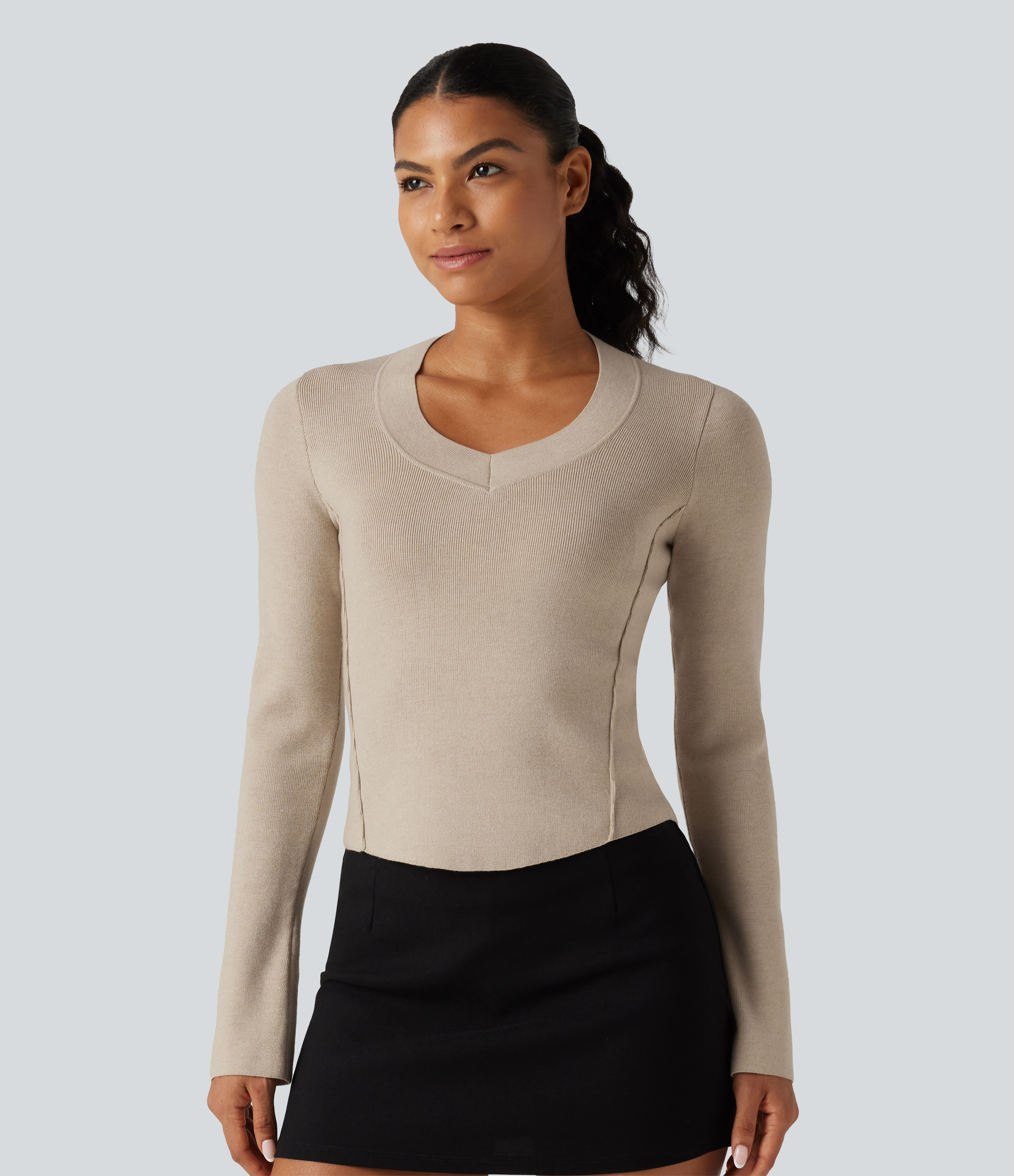 V Neck Long Sleeve Curved Hem Work Wool-Blend Sweater