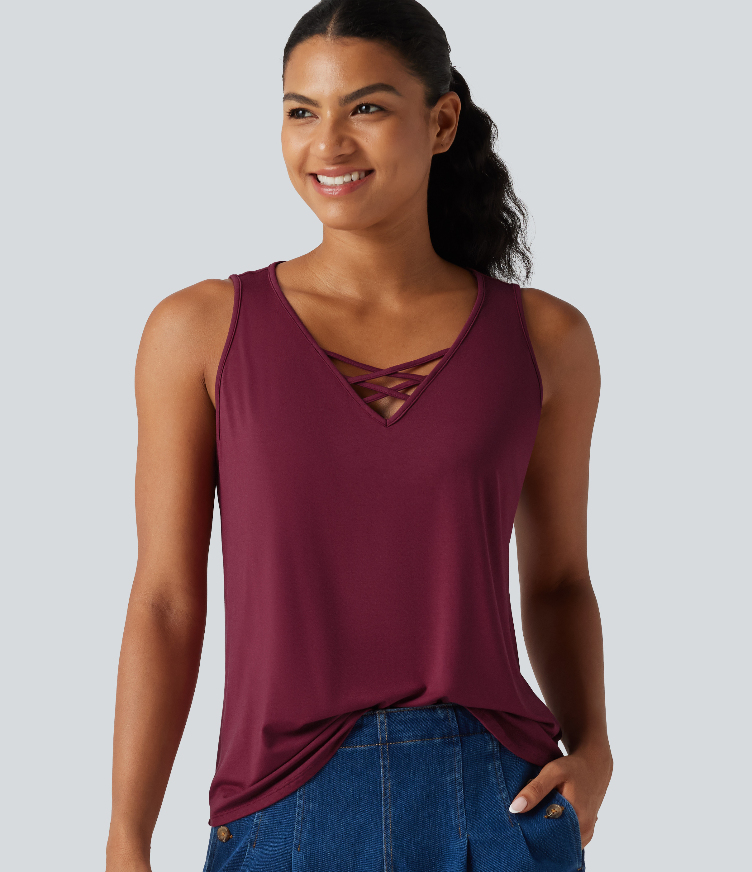 V Neck Crossover Curved Hem Casual Tank Top