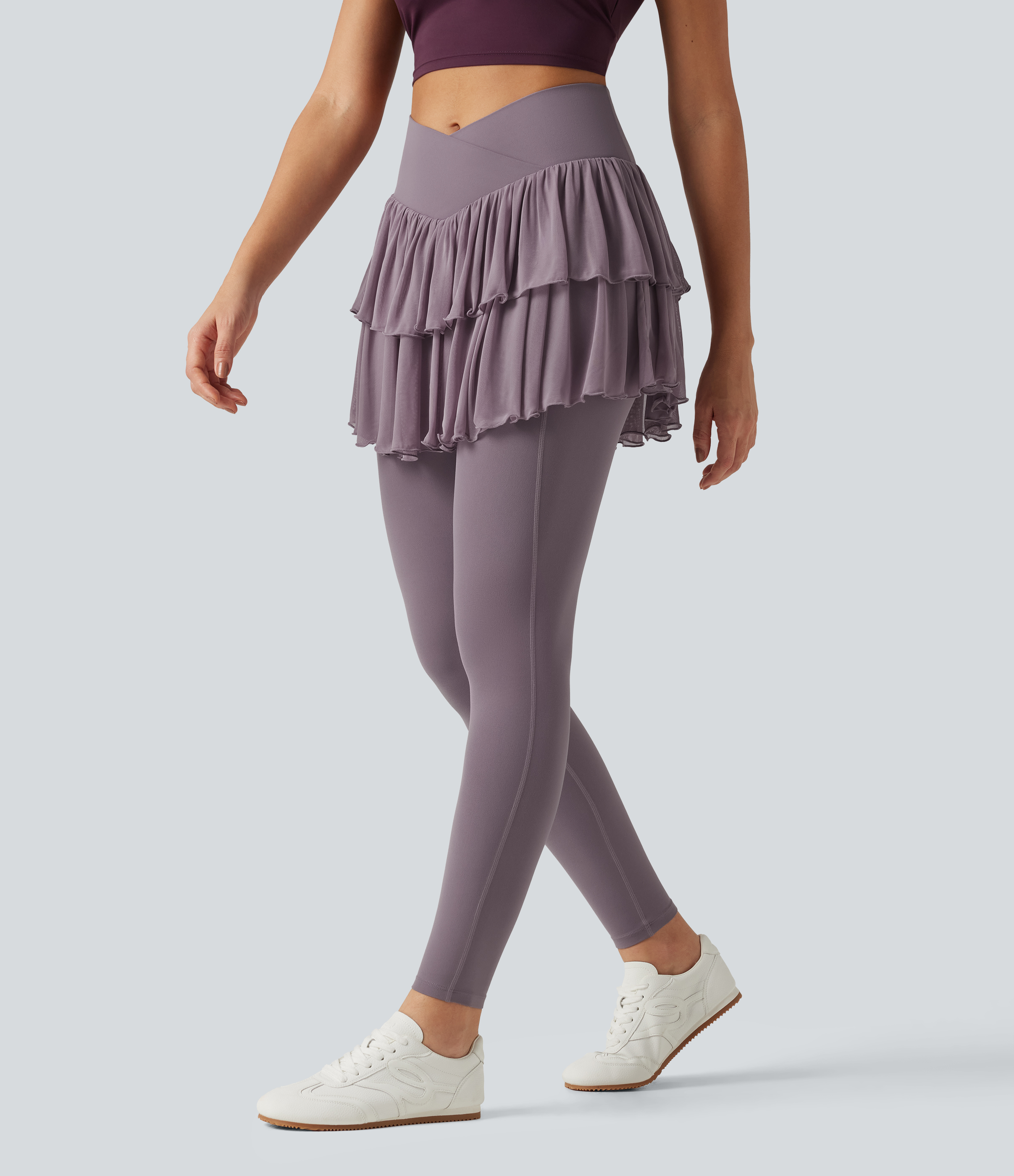 Softlyzero™ High Waisted Crossover Contrast Mesh Workout Skirted Leggings with Pockets