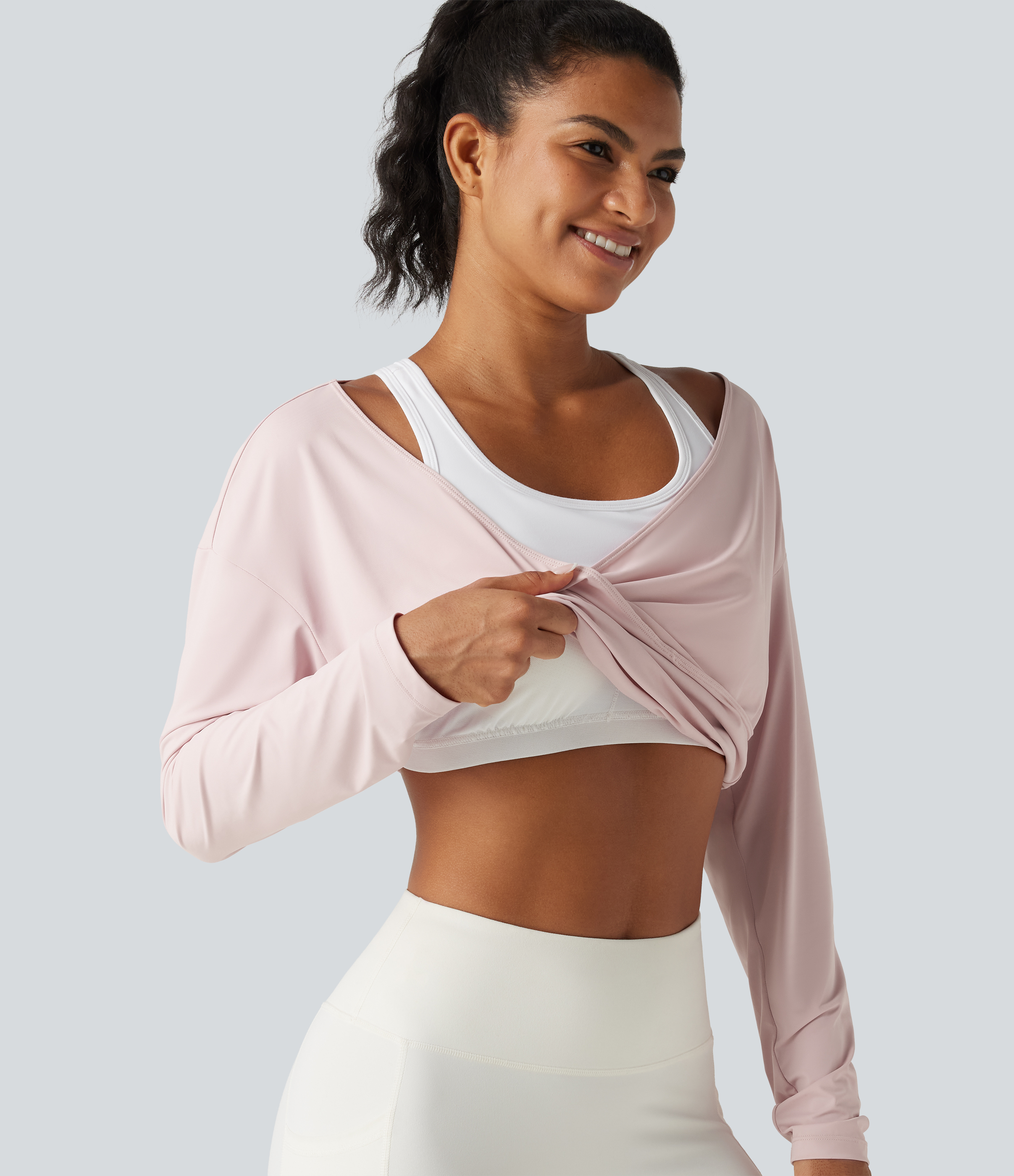 Built-in Bra 2-in-1 Long Sleeve Boxy InstantCool Cropped Yoga Sports Top-UPF50+