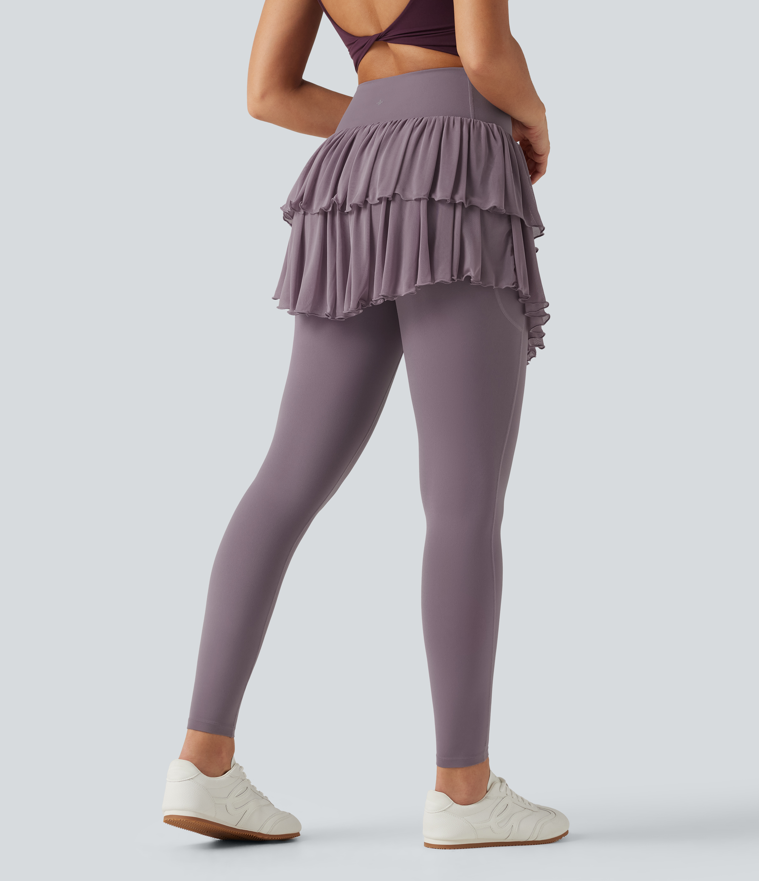 Cinnabar Purple Softlyzero™ High Waisted Crossover Contrast Mesh Workout Skirted Leggings with Pockets / 2