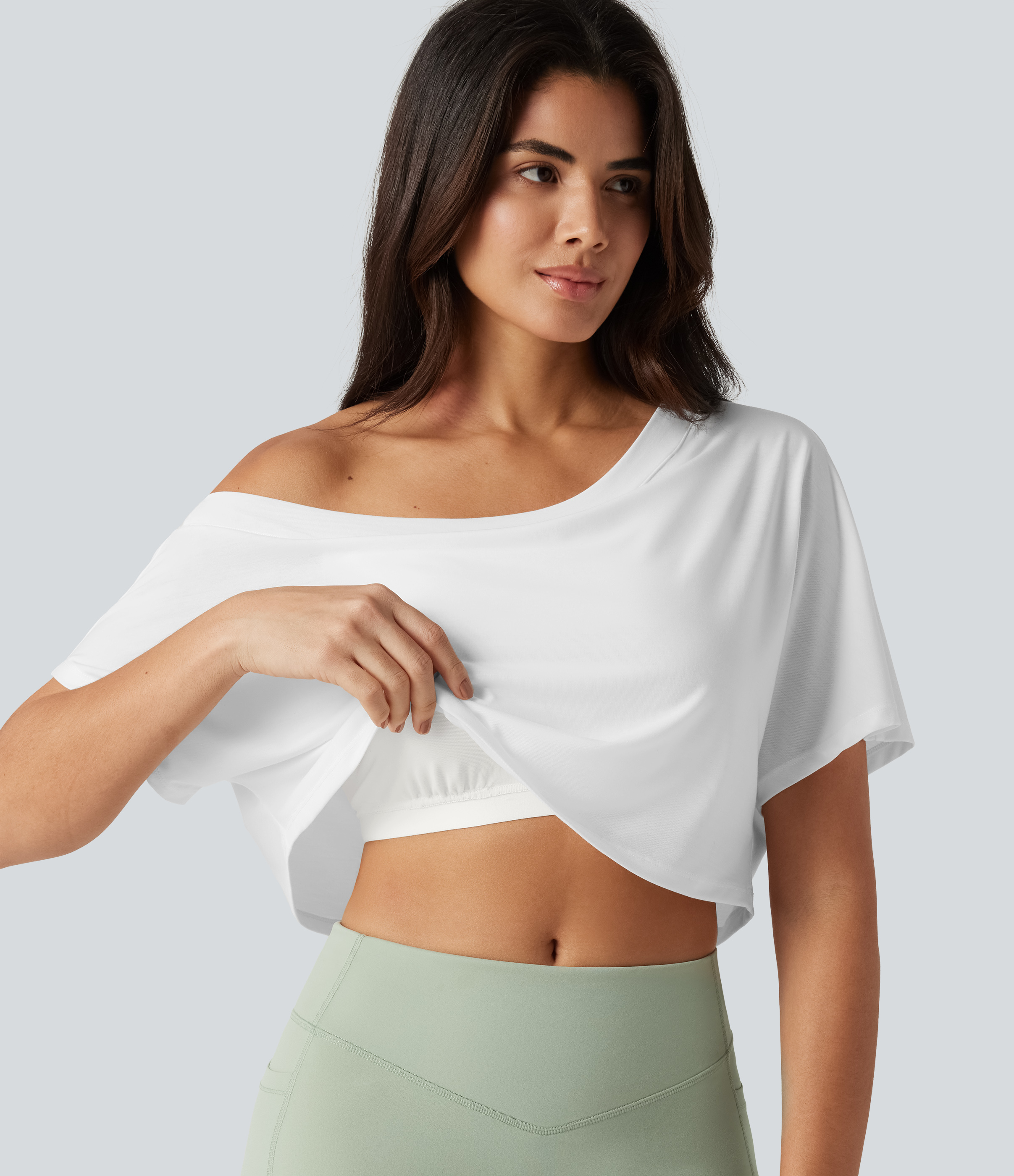 One Shoulder Short Sleeve Built-in Bra Quick Dry Yoga Sports Top
