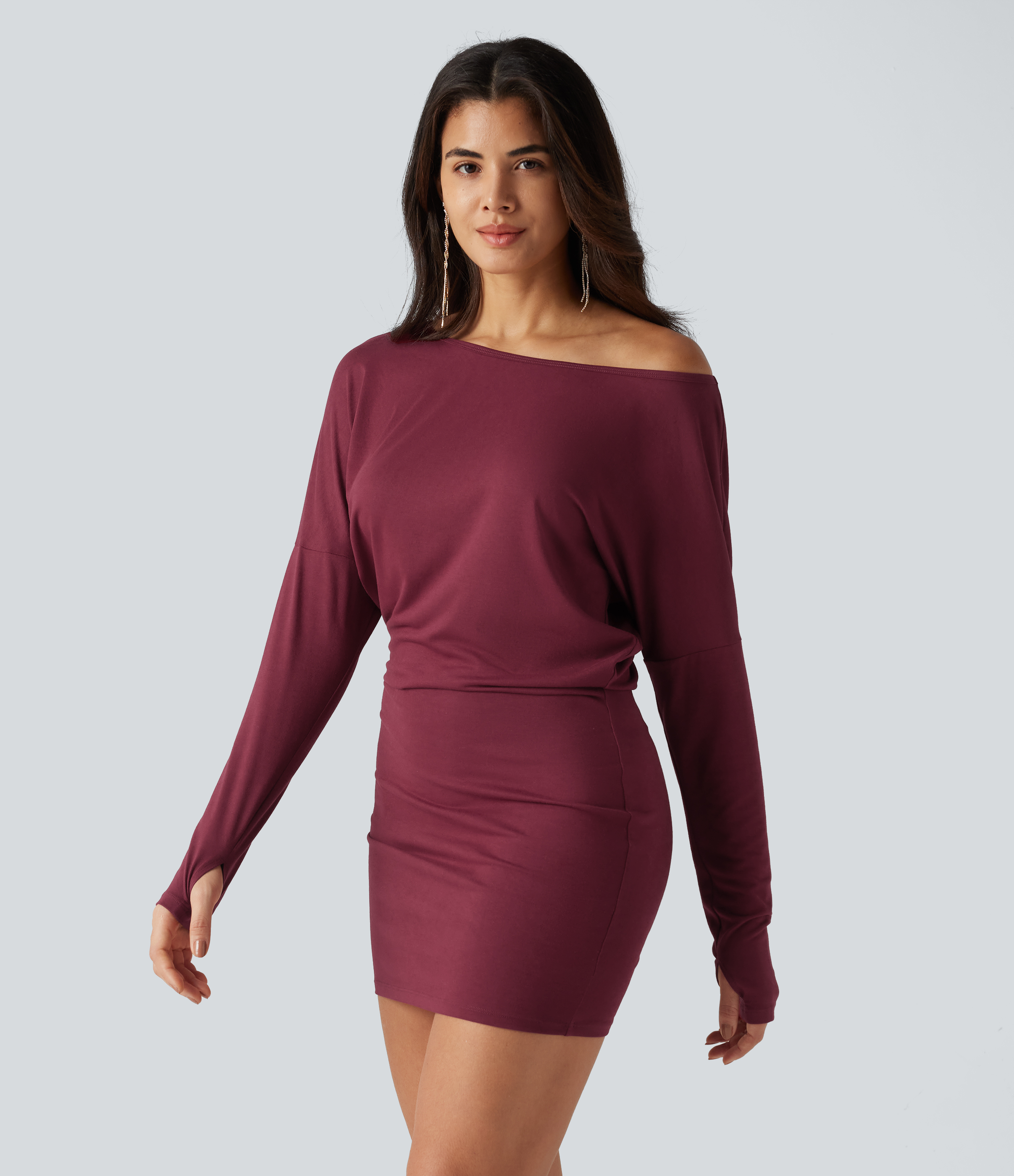 One Shoulder Long Sleeve Thumb Hole Bodycon Ruched Mini Dress