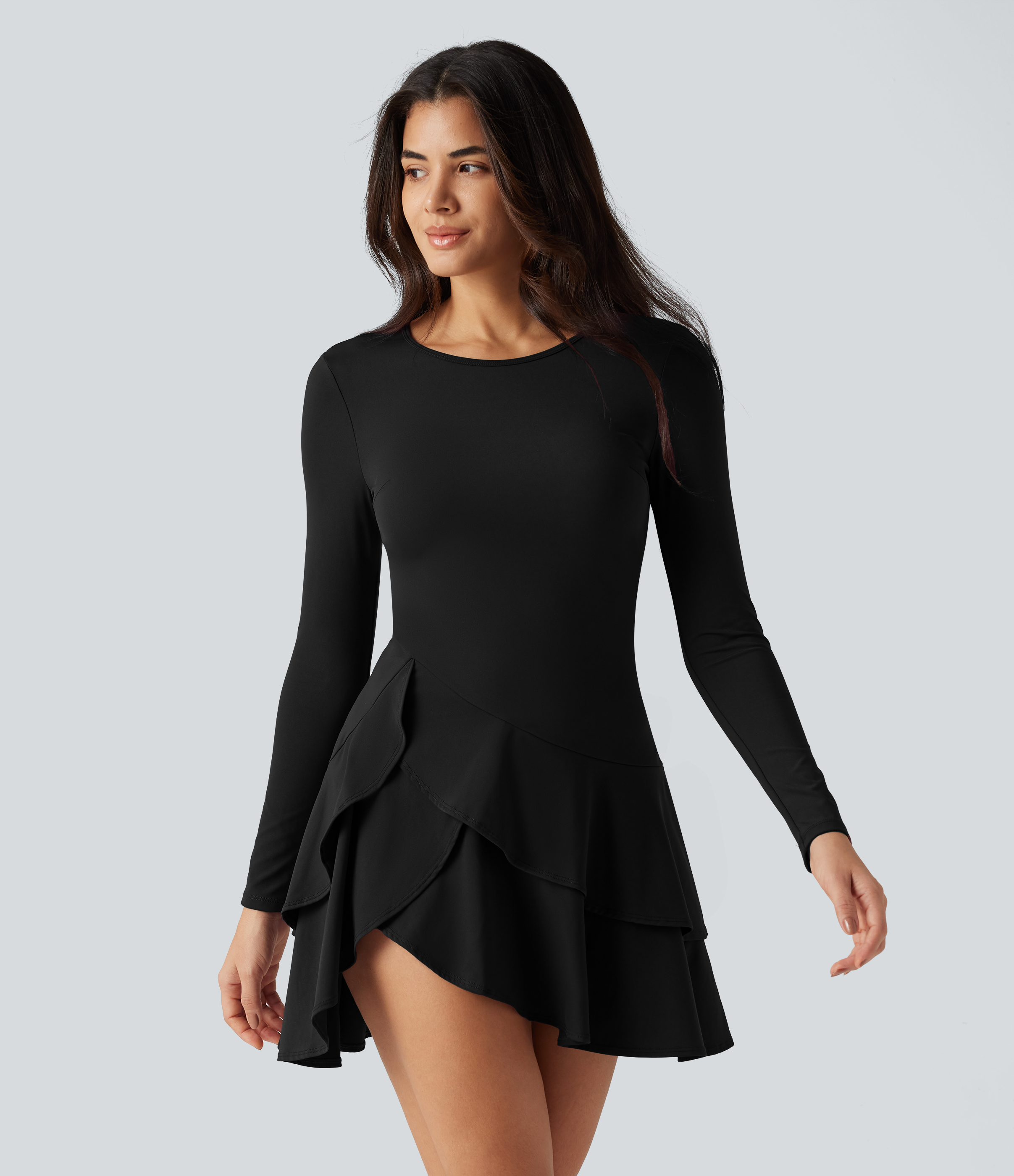 SoftlyZero™ Airy Round Neck Long Sleeve Layered Ruffle Hem InstantCool Mini Casual Dress